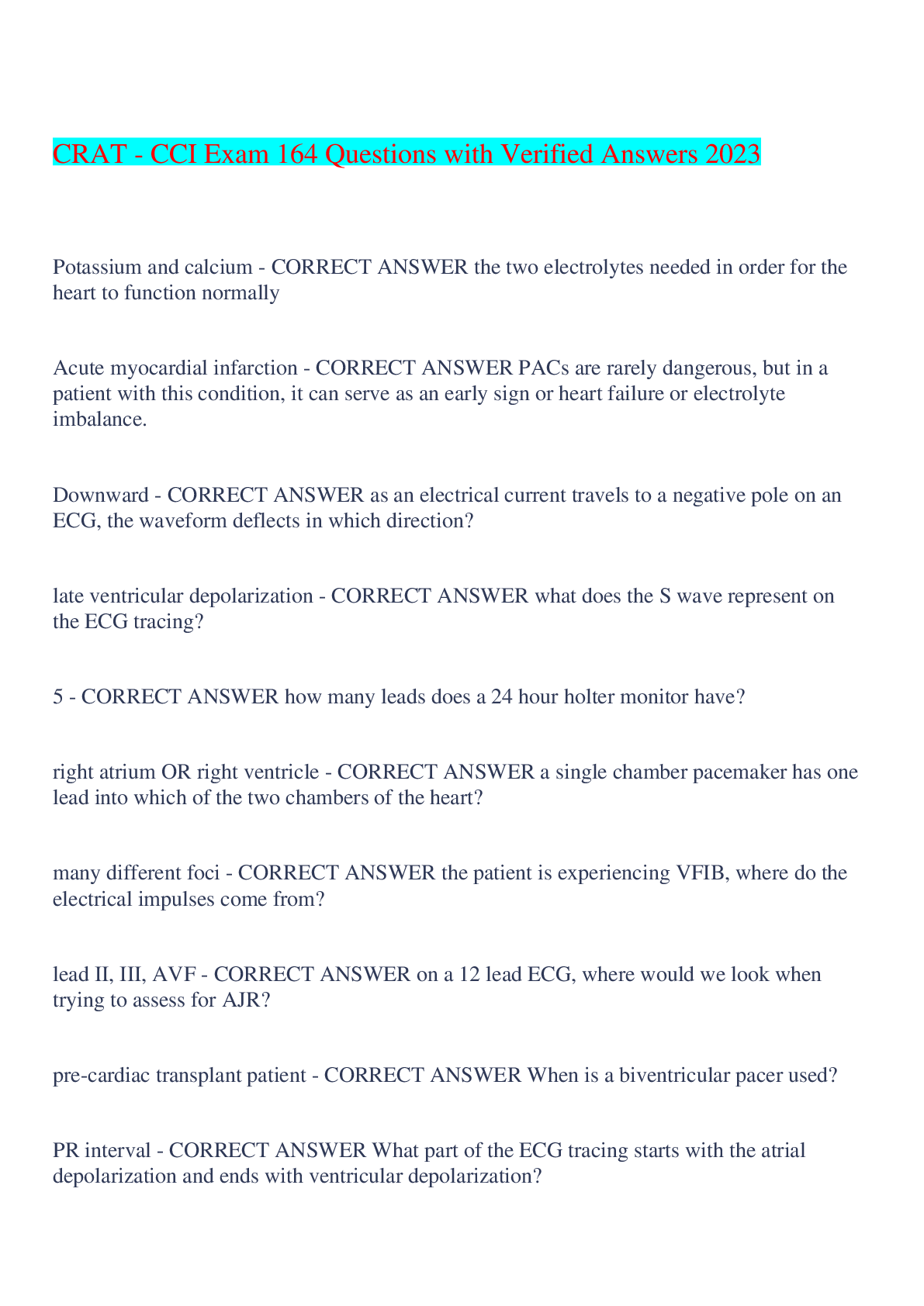 Preview image for CRAT - CCI Exam 164 Questions with Verified Answers 2023,100% CORRECT