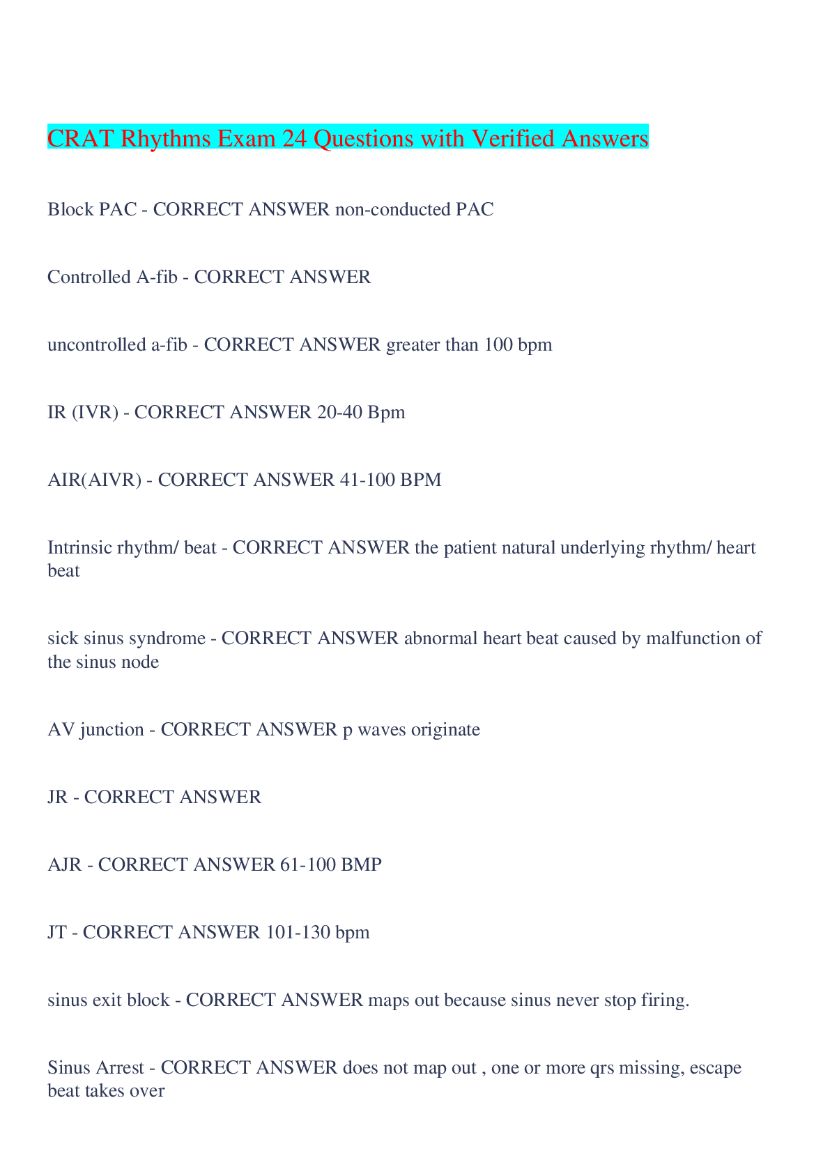Preview image for CRAT Rhythms Exam 24 Questions with Verified Answers,100% CORRECT