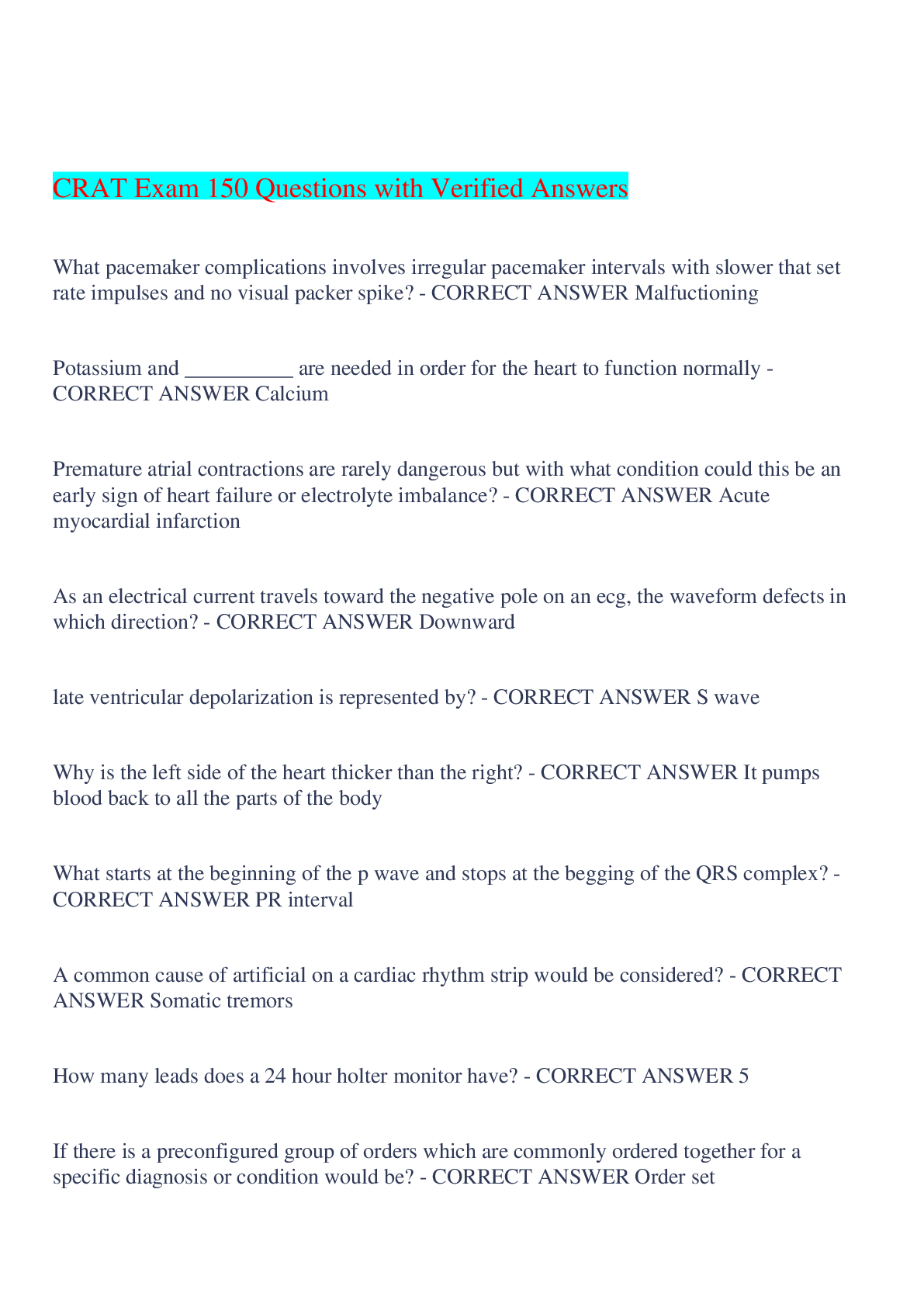 Preview image for CRAT Exam 150 Questions with Verified Answers,100% CORRECT