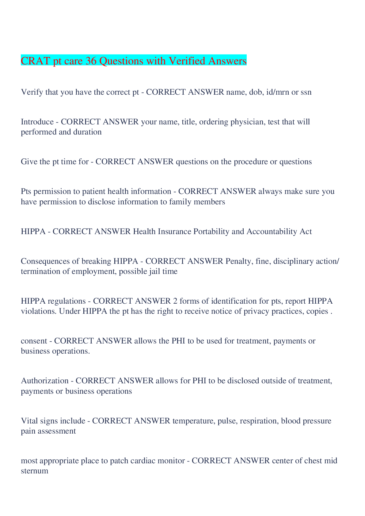 Preview image for CRAT pt care 36 Questions with Verified Answers,100% CORRECT