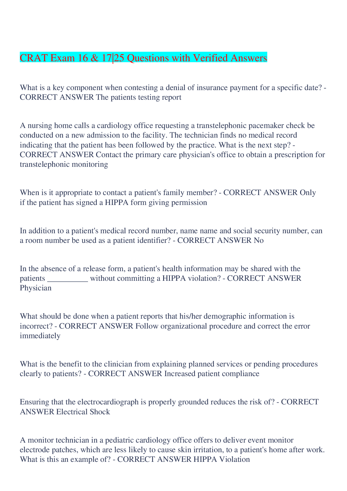 Preview image for CRAT Exam 16 & 17|25 Questions with Verified Answers,100% CORRECT