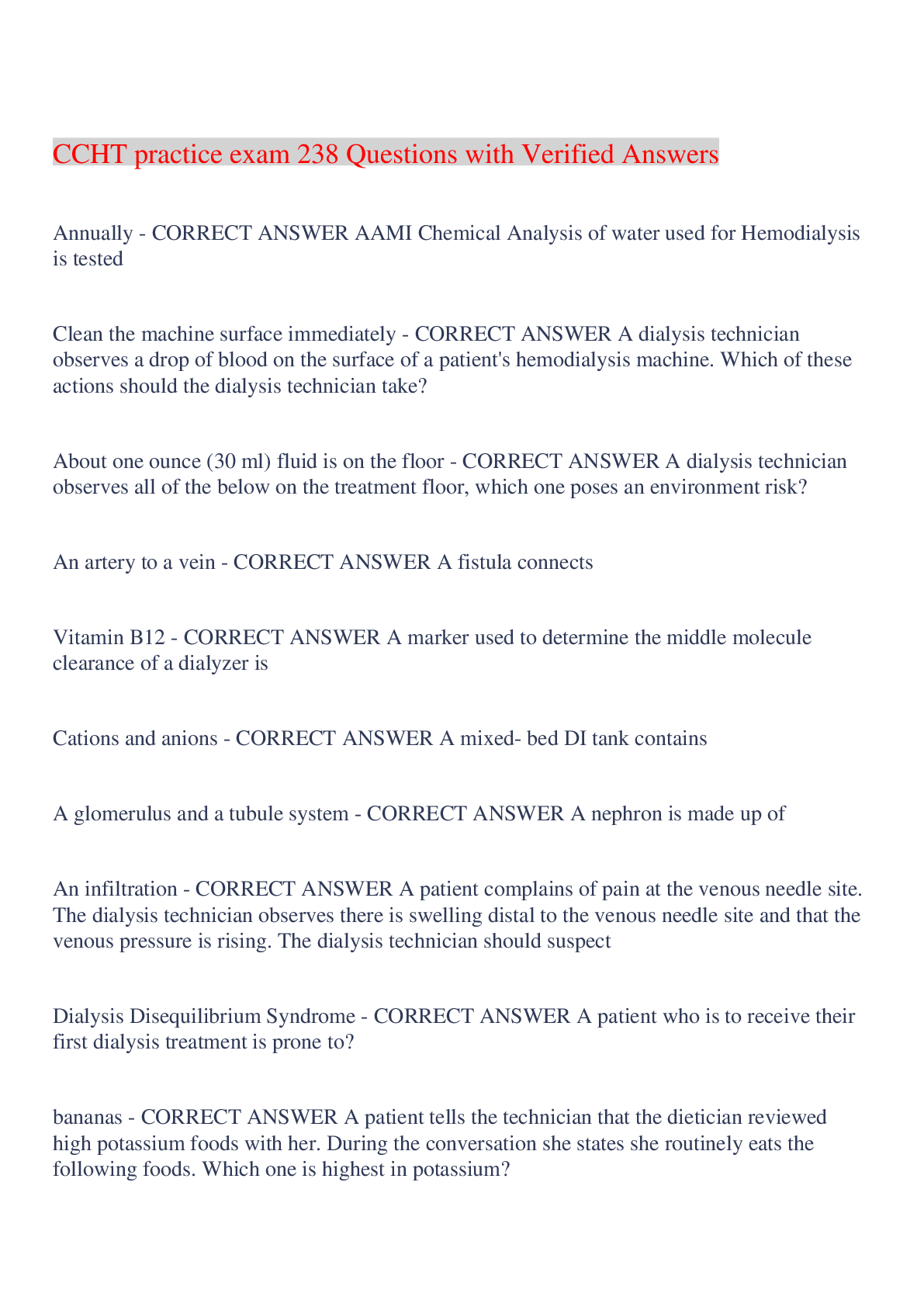 Preview image for CCHT practice exam 238 Questions with Verified Answers,100% CORRECT