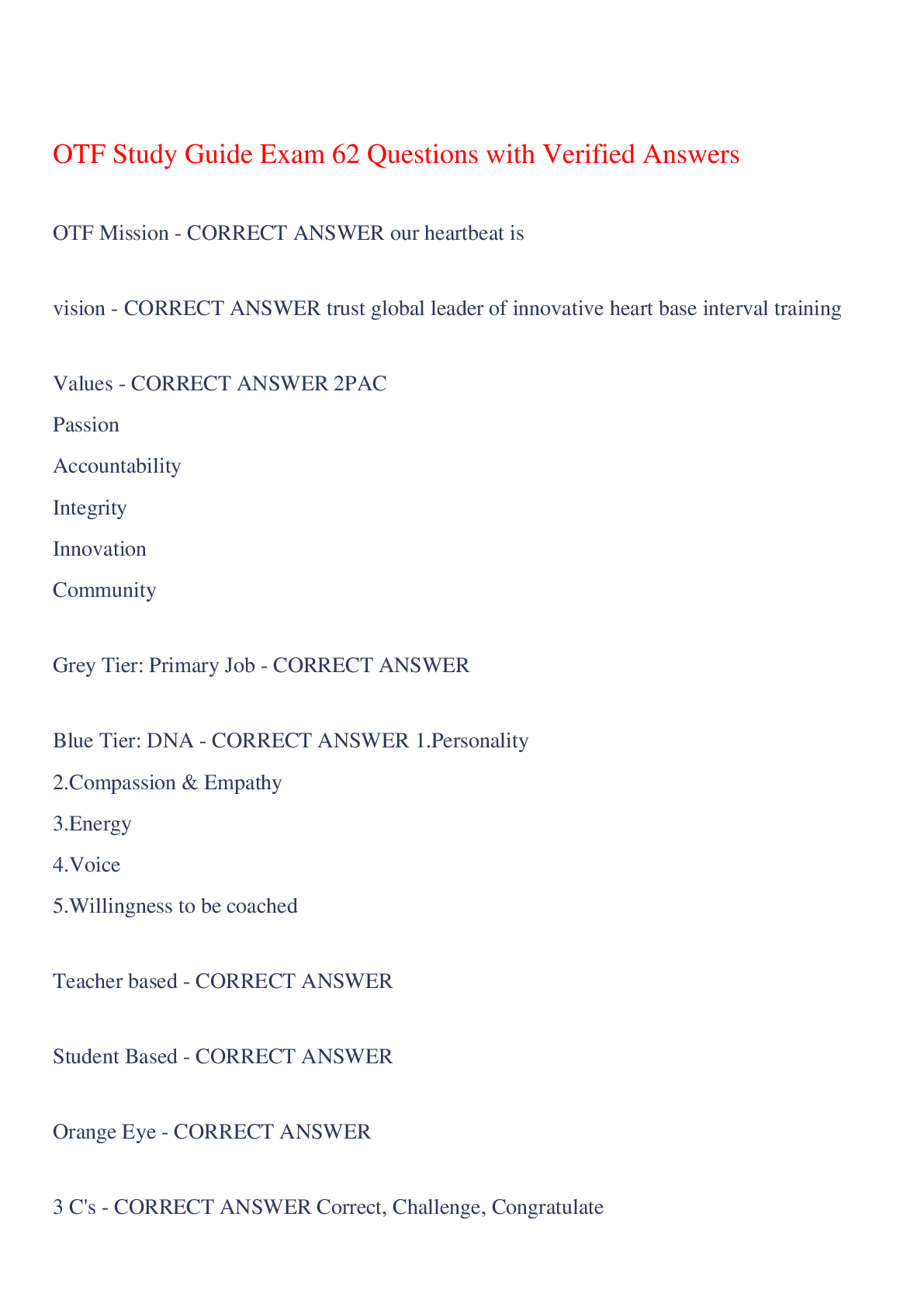 Preview image for OTF Study Guide Exam 62 Questions with Verified Answers,100% CORRECT