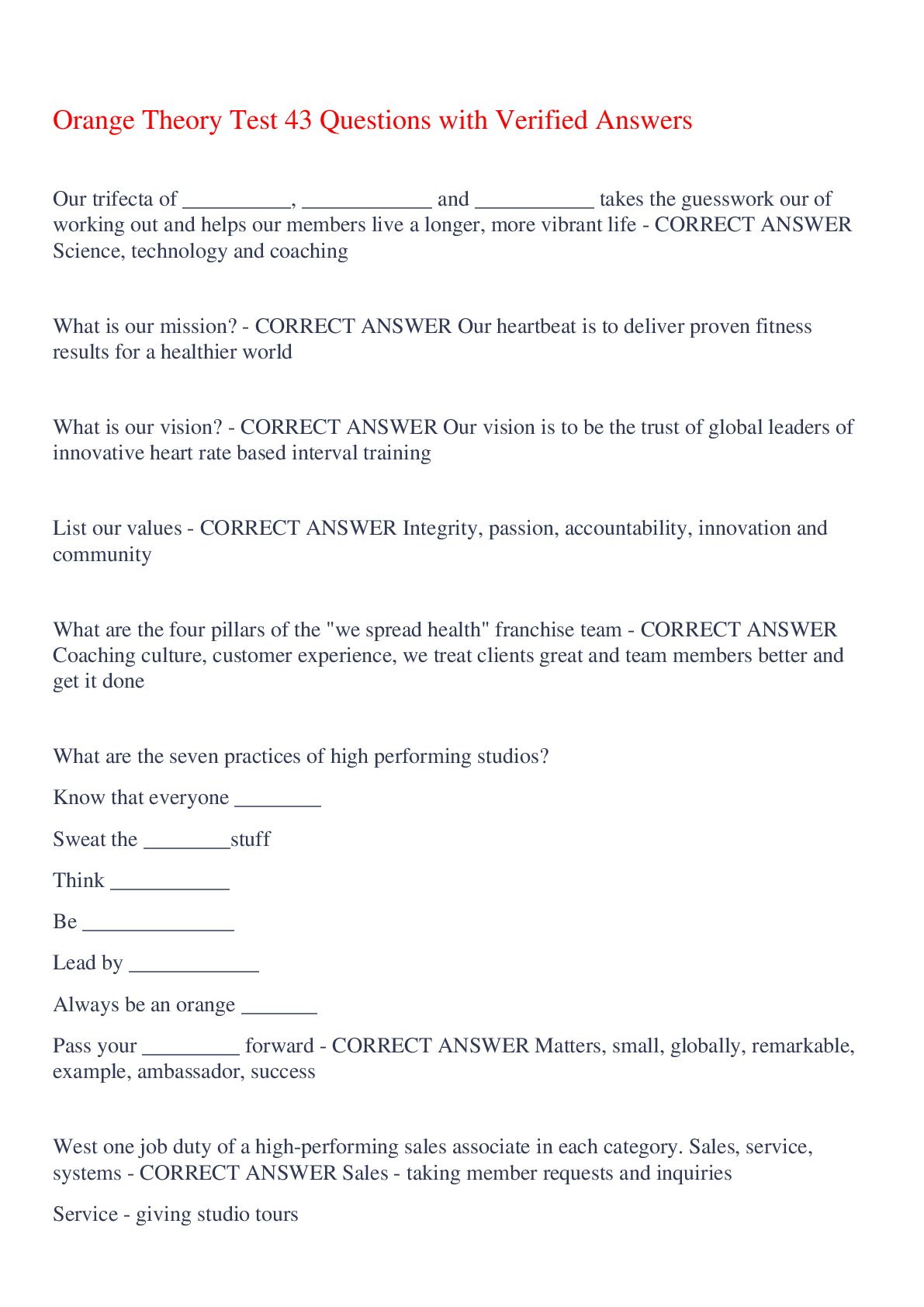 Preview image for Orange Theory Test 43 Questions with Verified Answers,100% CORRECT