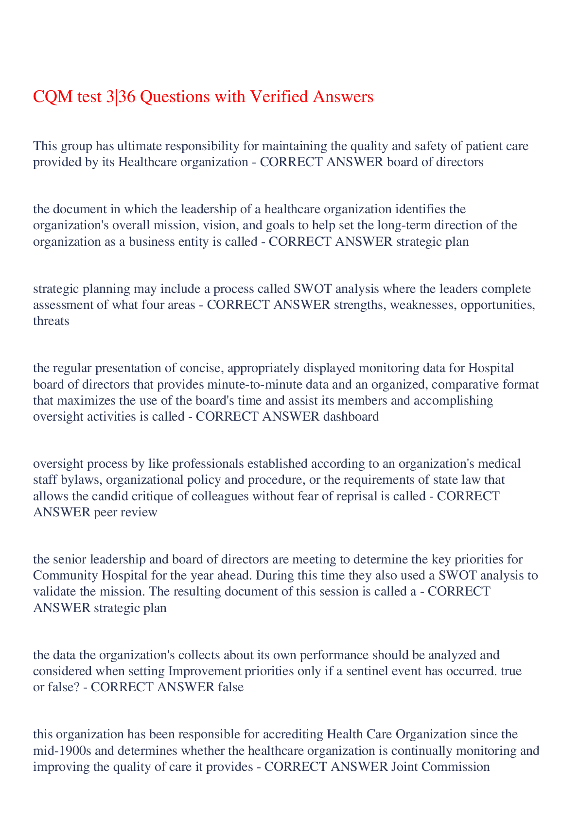 Preview image of CQM test 3|36 Questions with Verified Answers,100% CORRECT document