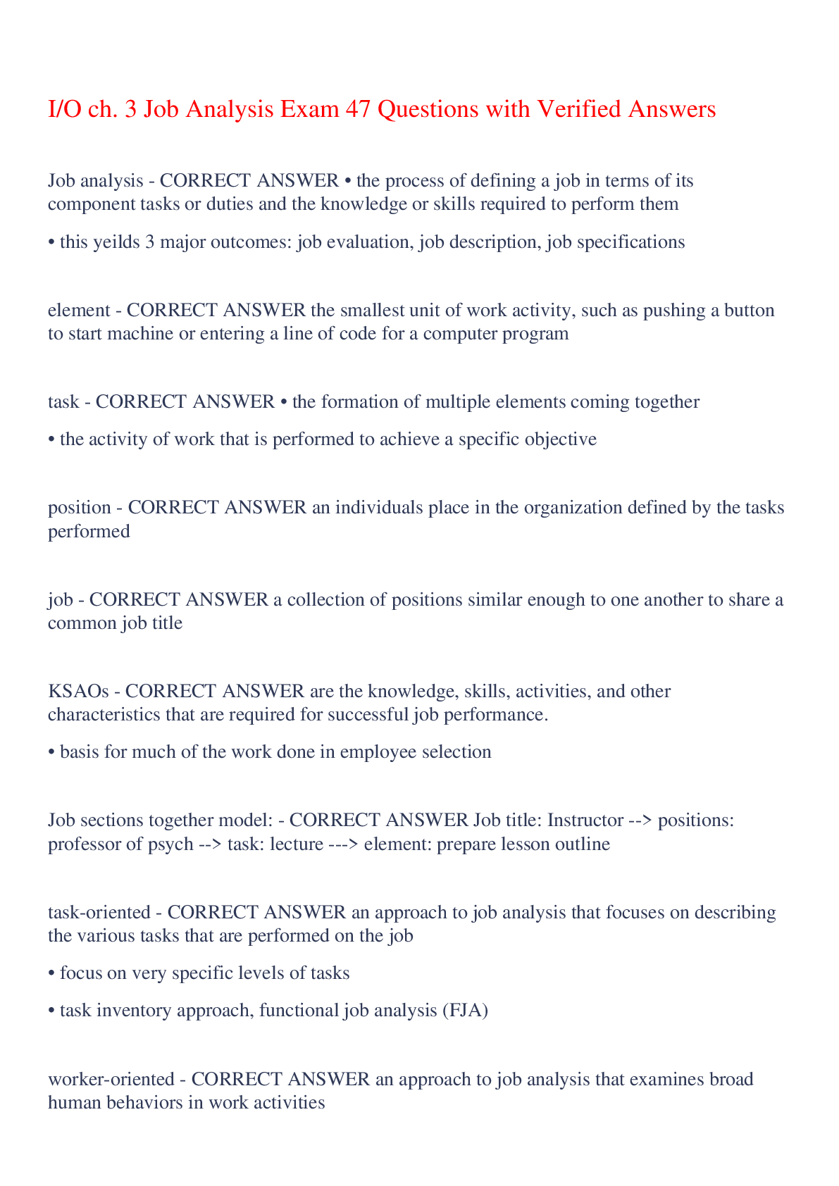 Preview image of I/O ch. 3 Job Analysis Exam 47 Questions with Verified Answers,100% CORRECT document