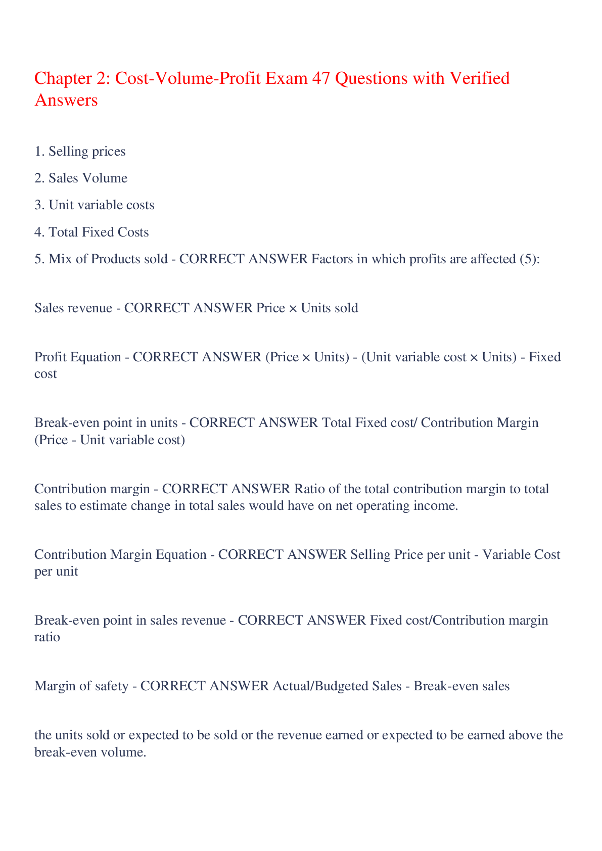 Preview image for Chapter 2: Cost-Volume-Profit Exam 47 Questions with Verified Answers,100% CORRECT
