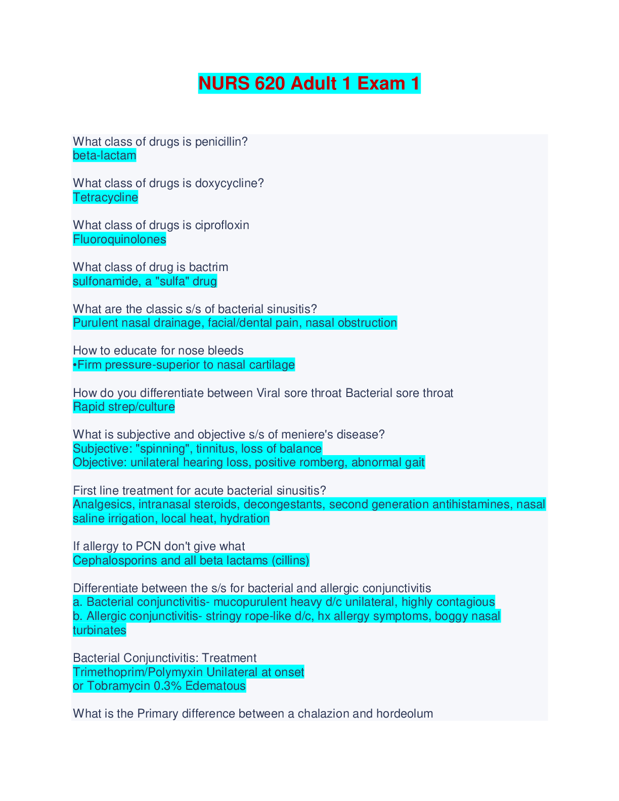 NURS 620 Adult 1 Exam 1 - Questions and Answers