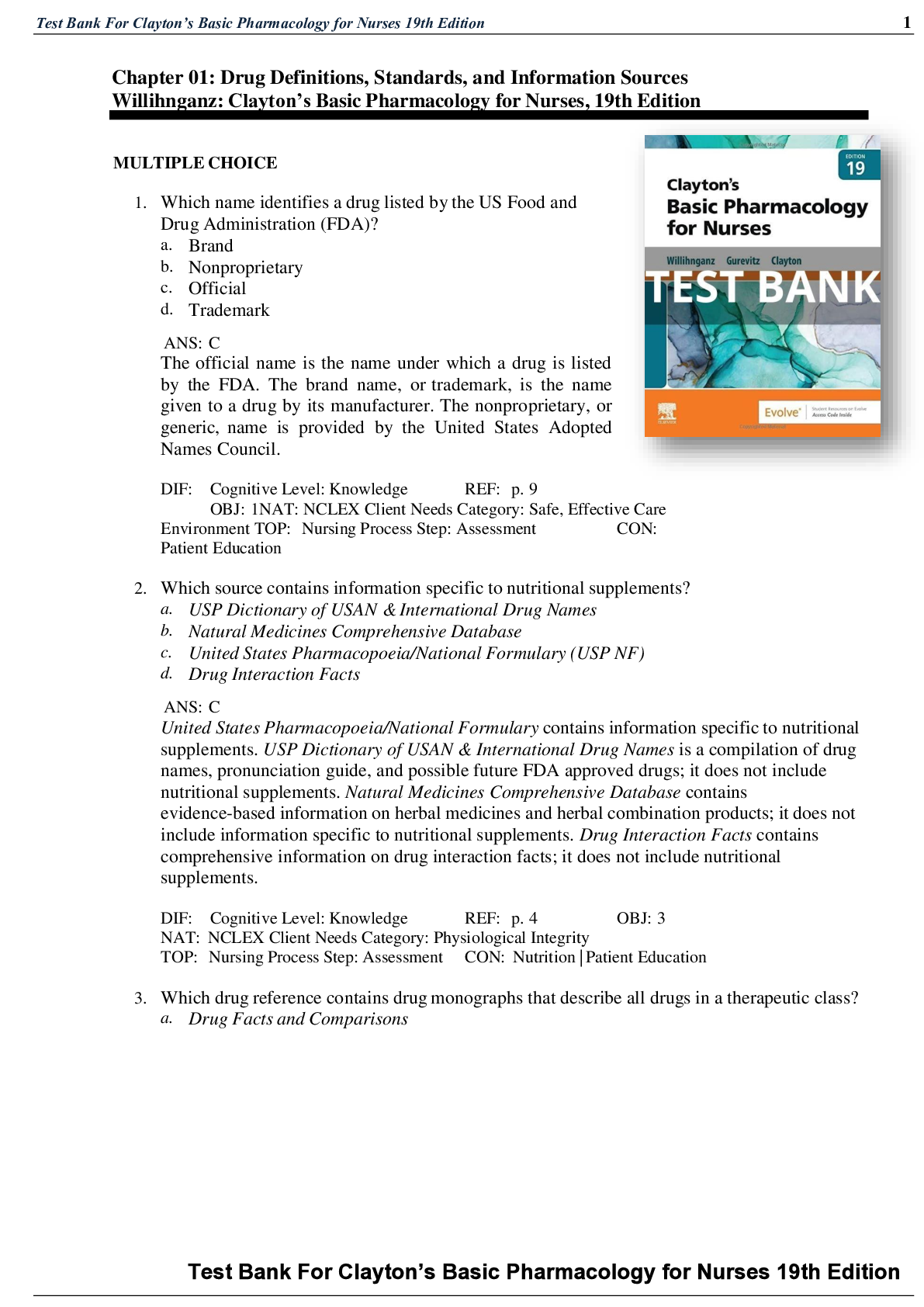 Preview image for Test Bank For Clayton’s Basic Pharmacology for Nurses 19th Edition :Test Bank For Clayton’s Basic Pharmacology for Nurses 19th Edition By Michelle J. Willihnganz, Samuel L. Gurevitz, Bruce Clayton Chapter 1-48