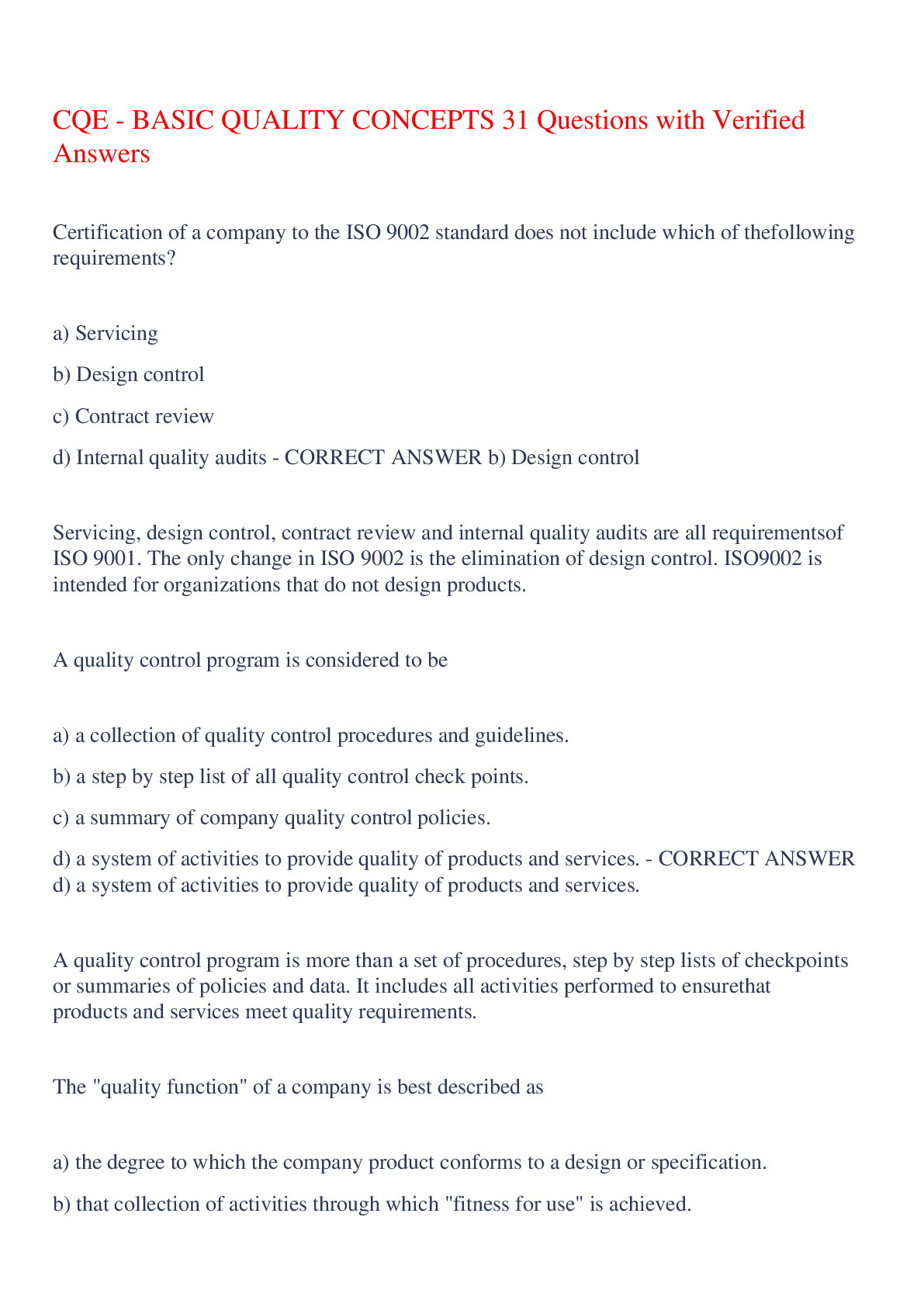 Preview image of CQE - BASIC QUALITY CONCEPTS 31 Questions with Verified Answers,100% CORRECT document
