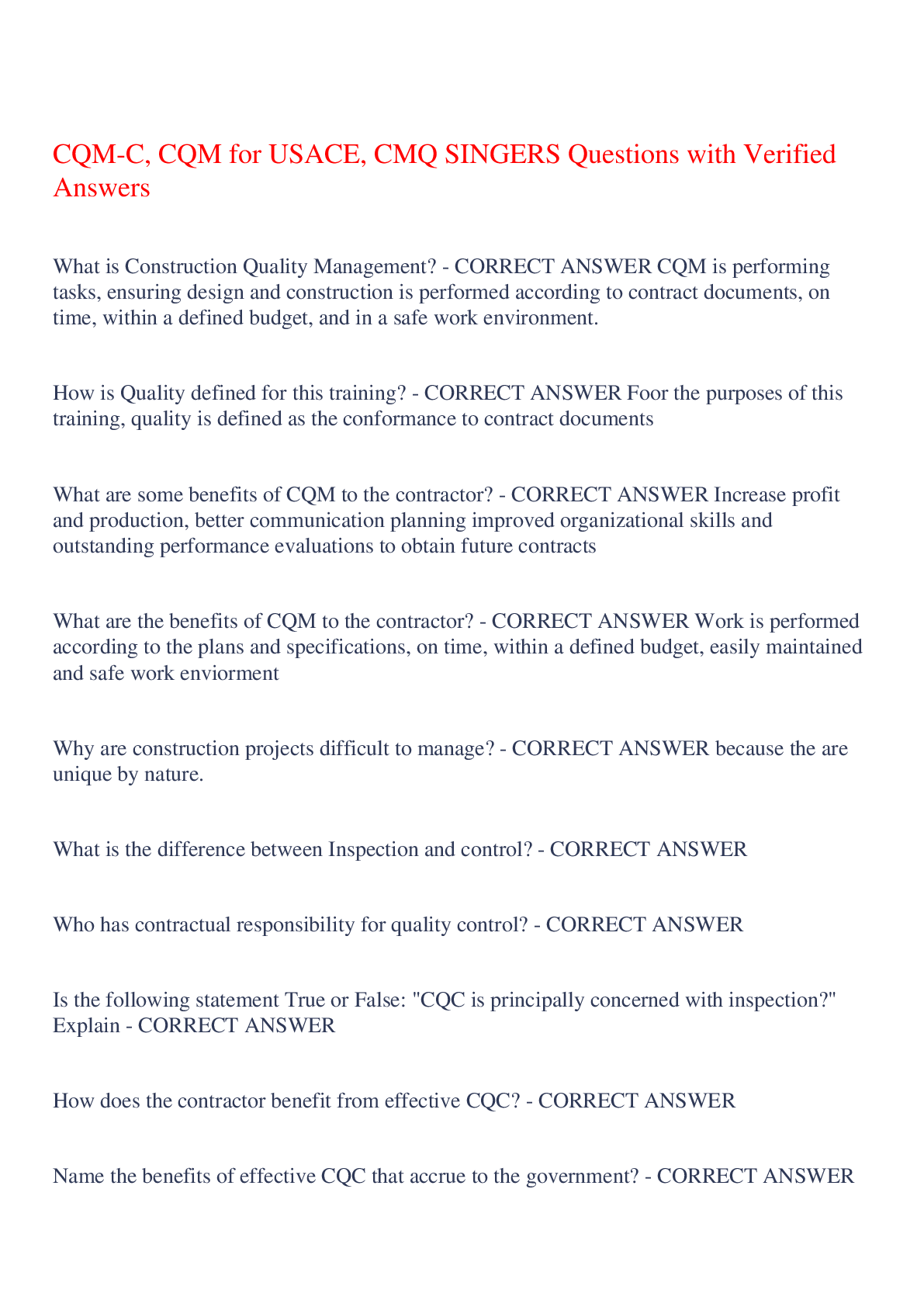 Preview image of CQM-C, CQM for USACE, CMQ SINGERS Questions with Verified Answers,100% CORRECT document