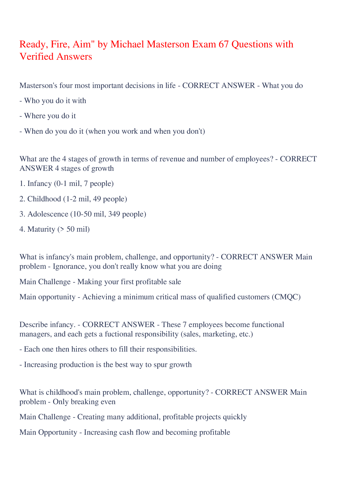 Preview image of Ready, Fire, Aim" by Michael Masterson Exam 67 Questions with Verified Answers,100% CORRECT document