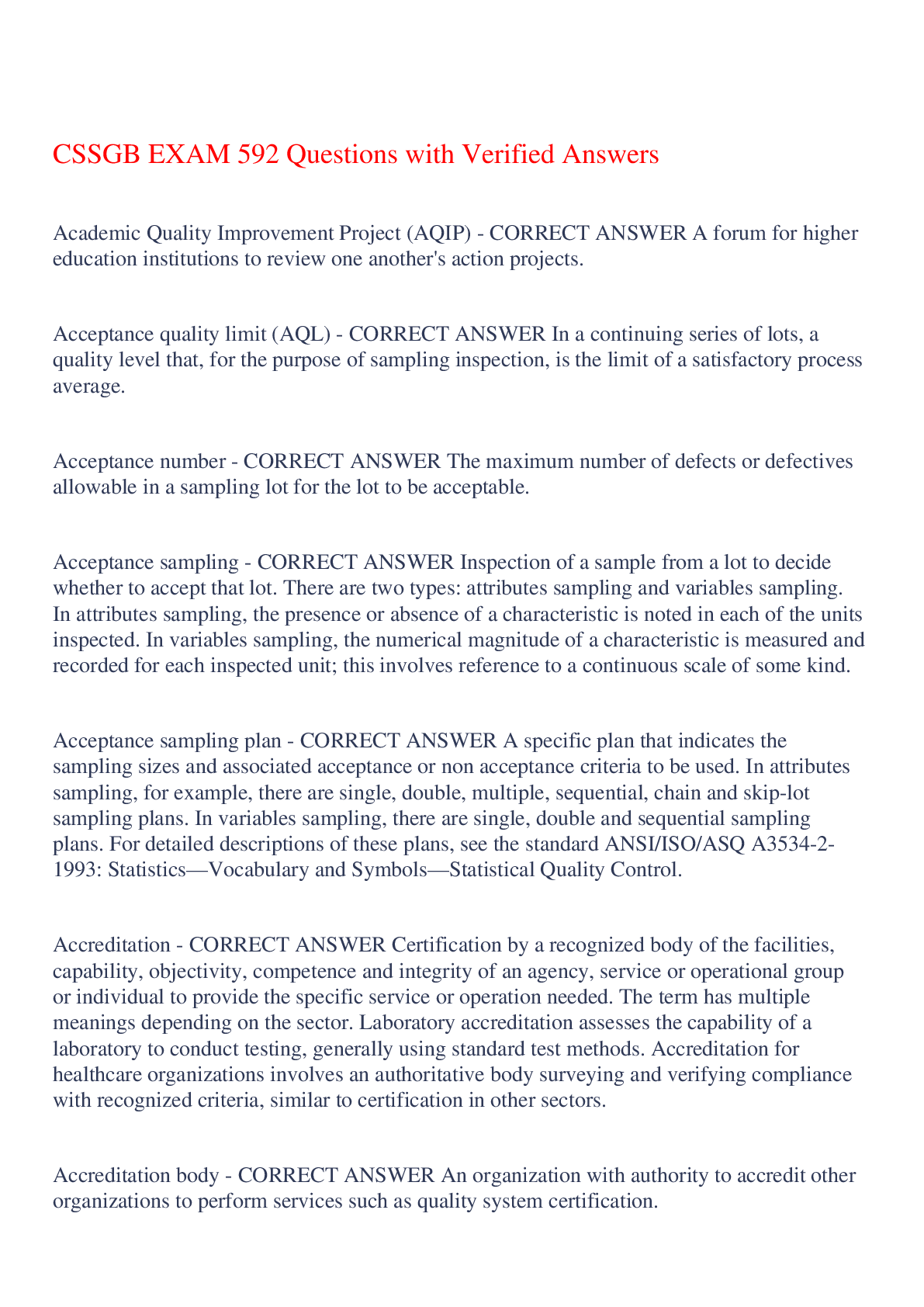 Preview image of CSSGB EXAM 592 Questions with Verified Answers,100% CORRECT document