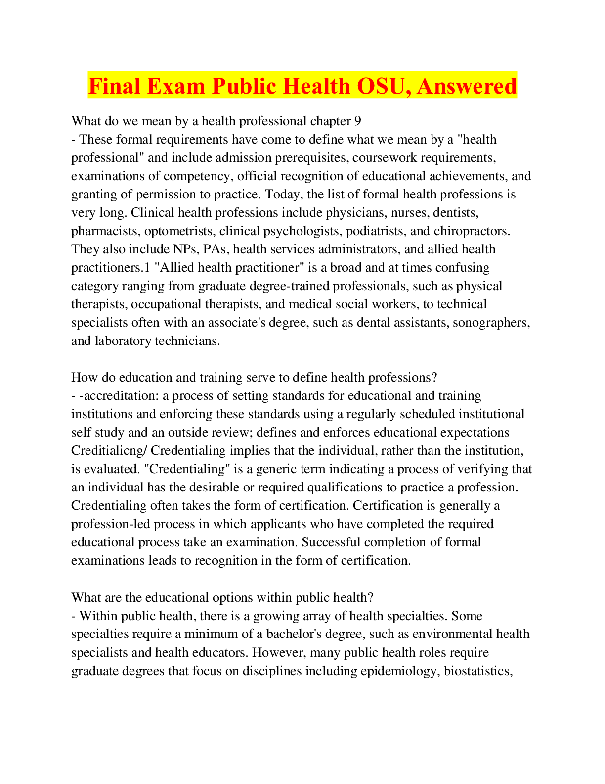 Preview image for Final Exam Public Health OSU, Answered