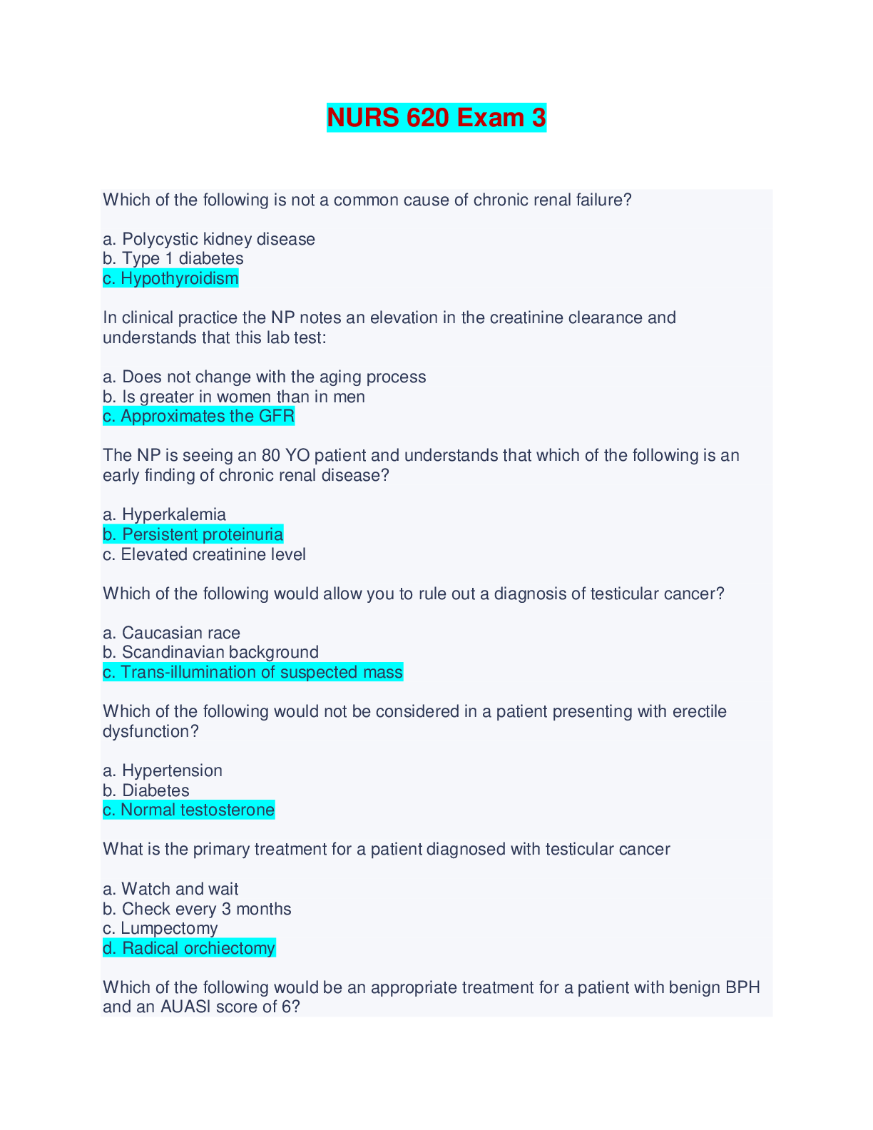 NURS 620 Exam 3 - Questions and Answers