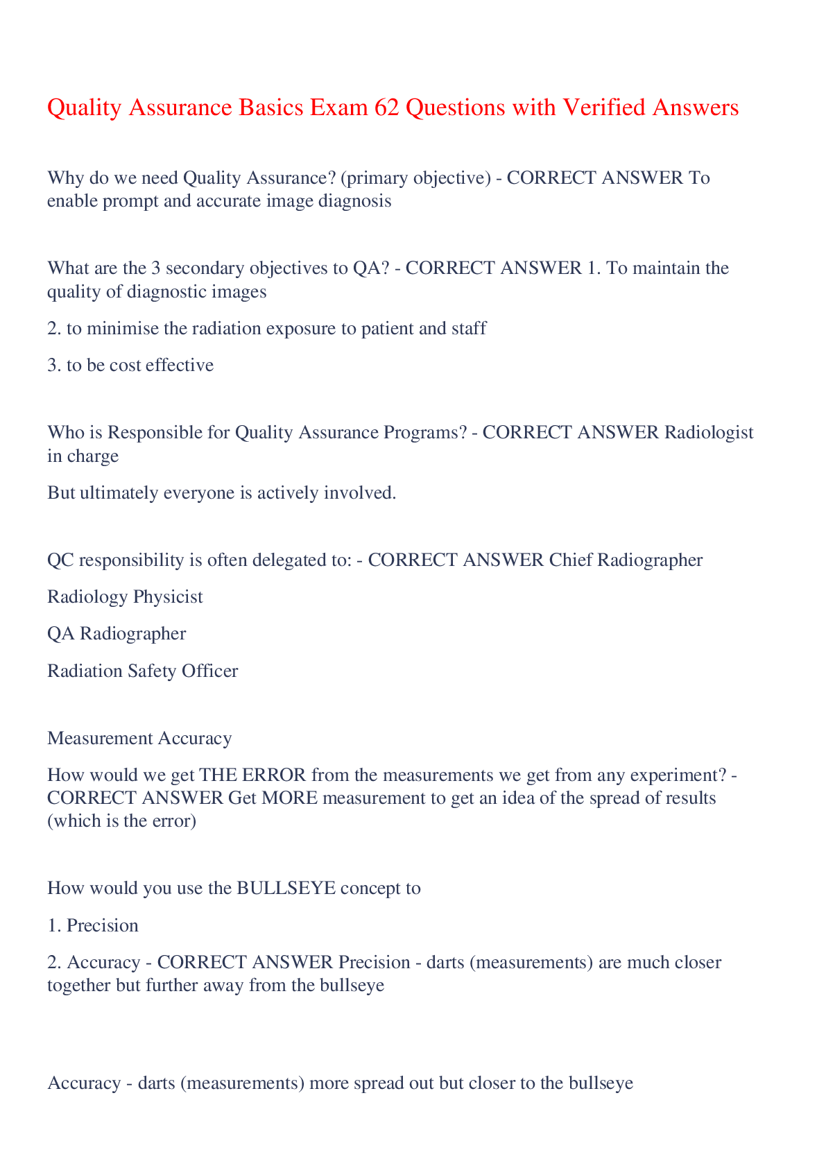 Preview image of Quality Assurance Basics Exam 62 Questions with Verified Answers,100% CORRECT document