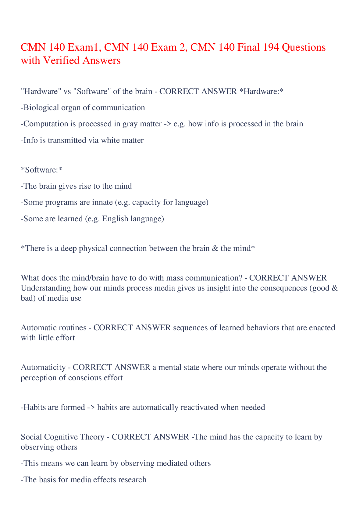 Preview image for CMN 140 Exam1, CMN 140 Exam 2, CMN 140 Final 194 Questions with Verified Answers,100% CORRECT