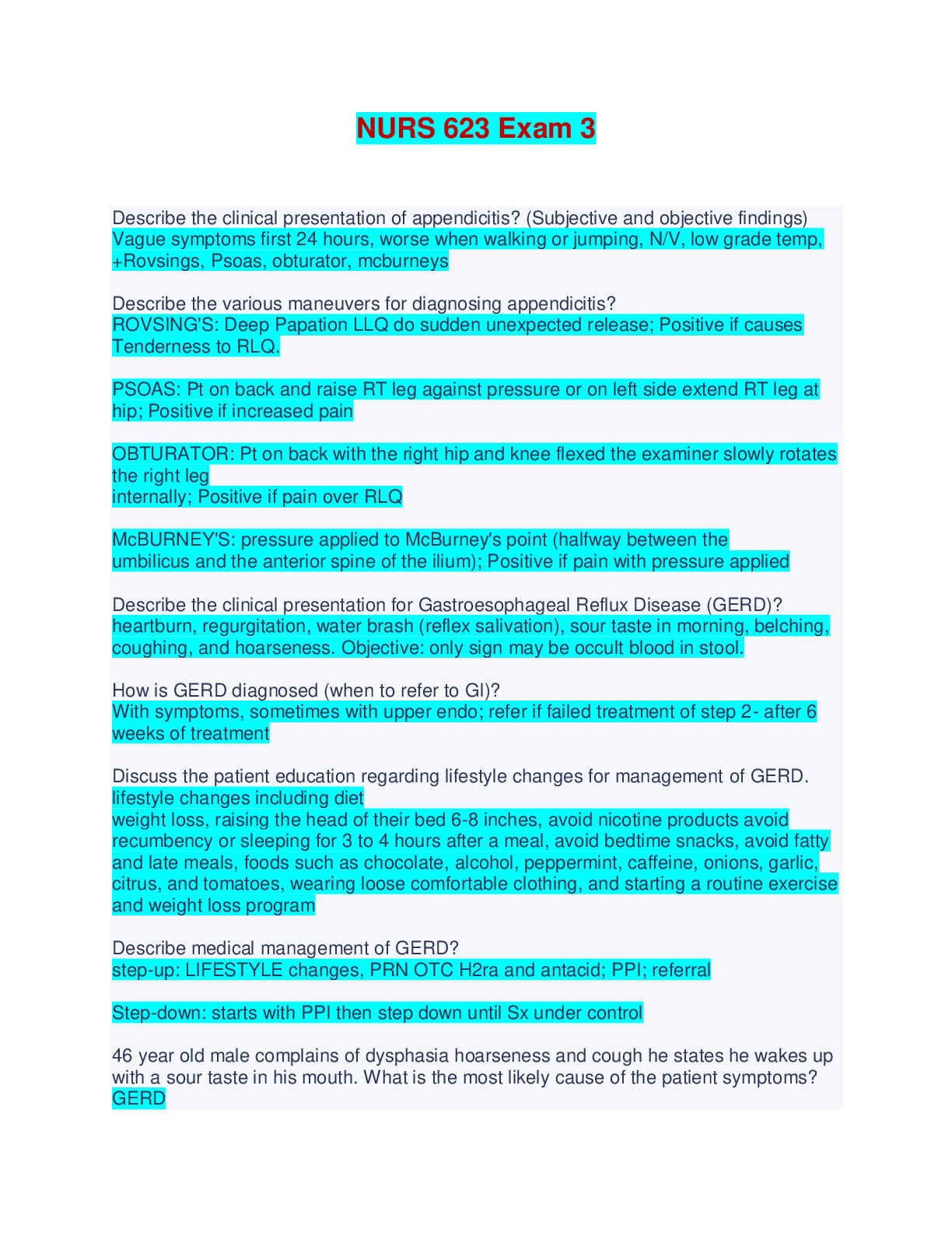 NURS 623 Exam 3 - Questions and Answers