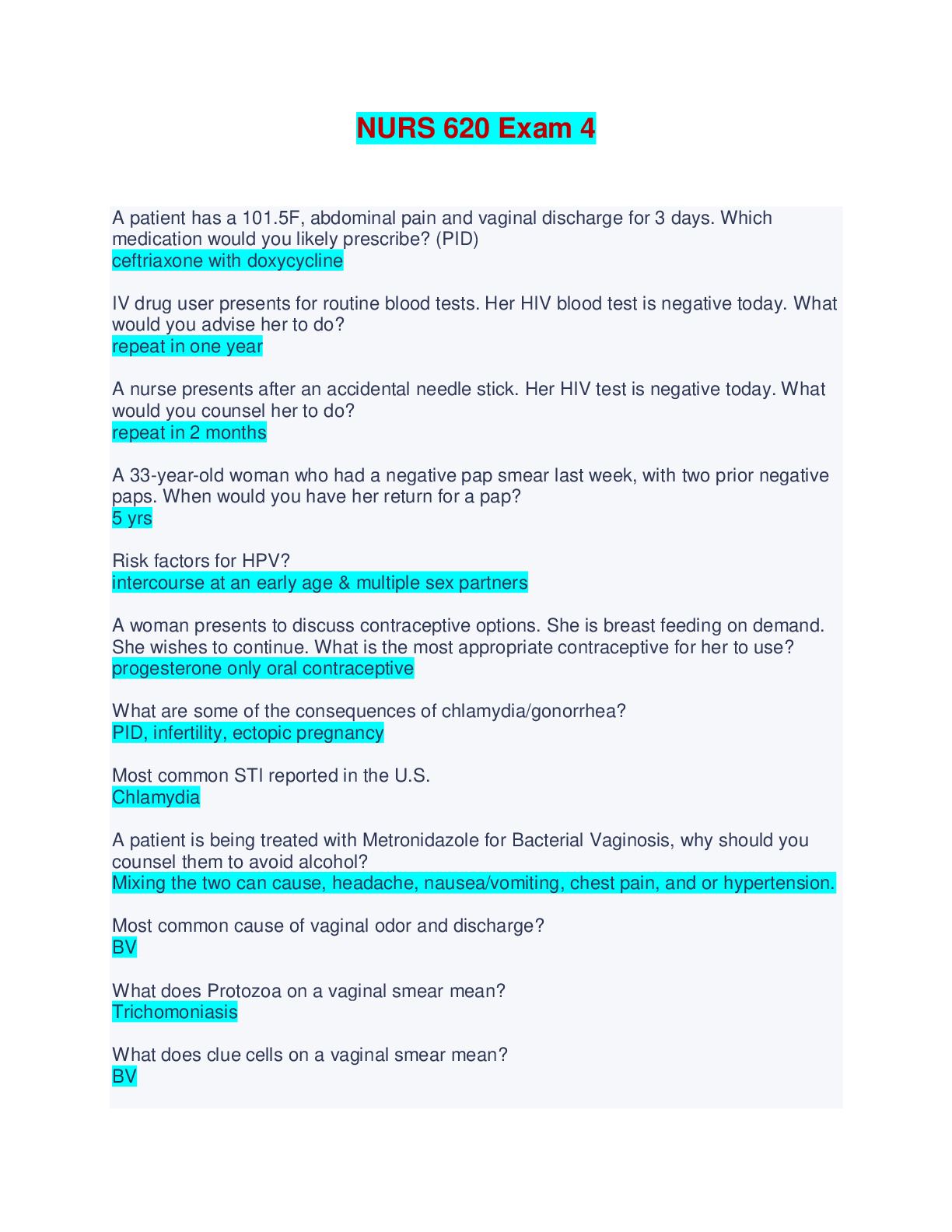 NURS 620 Exam 4 - Questions and Answers