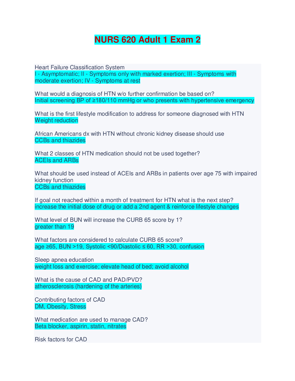 NURS 620 Adult 1 Exam2 - Questions and Answers