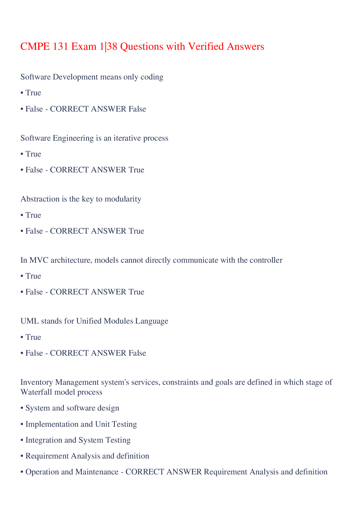 Preview image for CMPE 131 Exam 1|38 Questions with Verified Answers,100% CORRECT