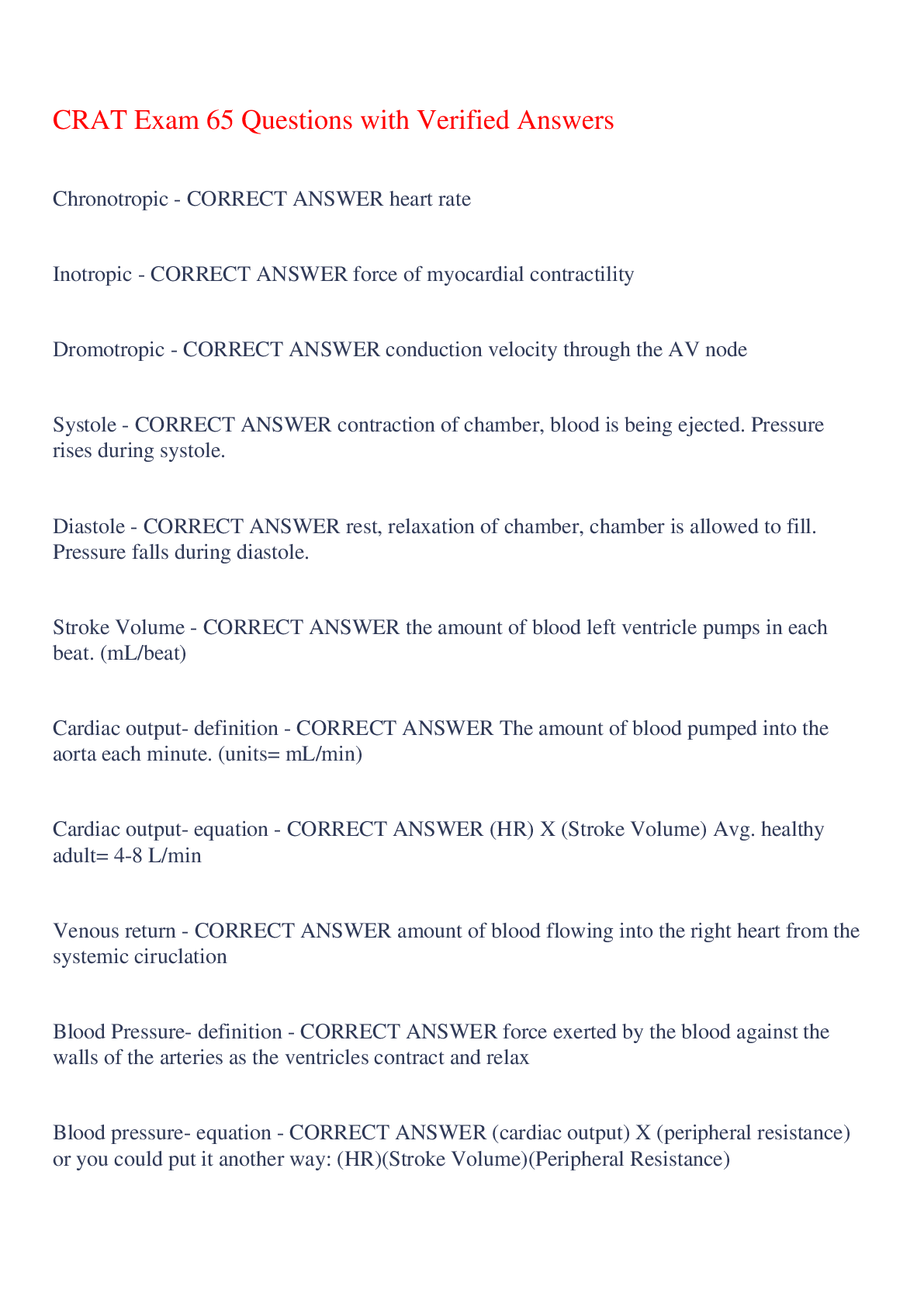 Preview image for CRAT Exam 65 Questions with Verified Answers,100% CORRECT