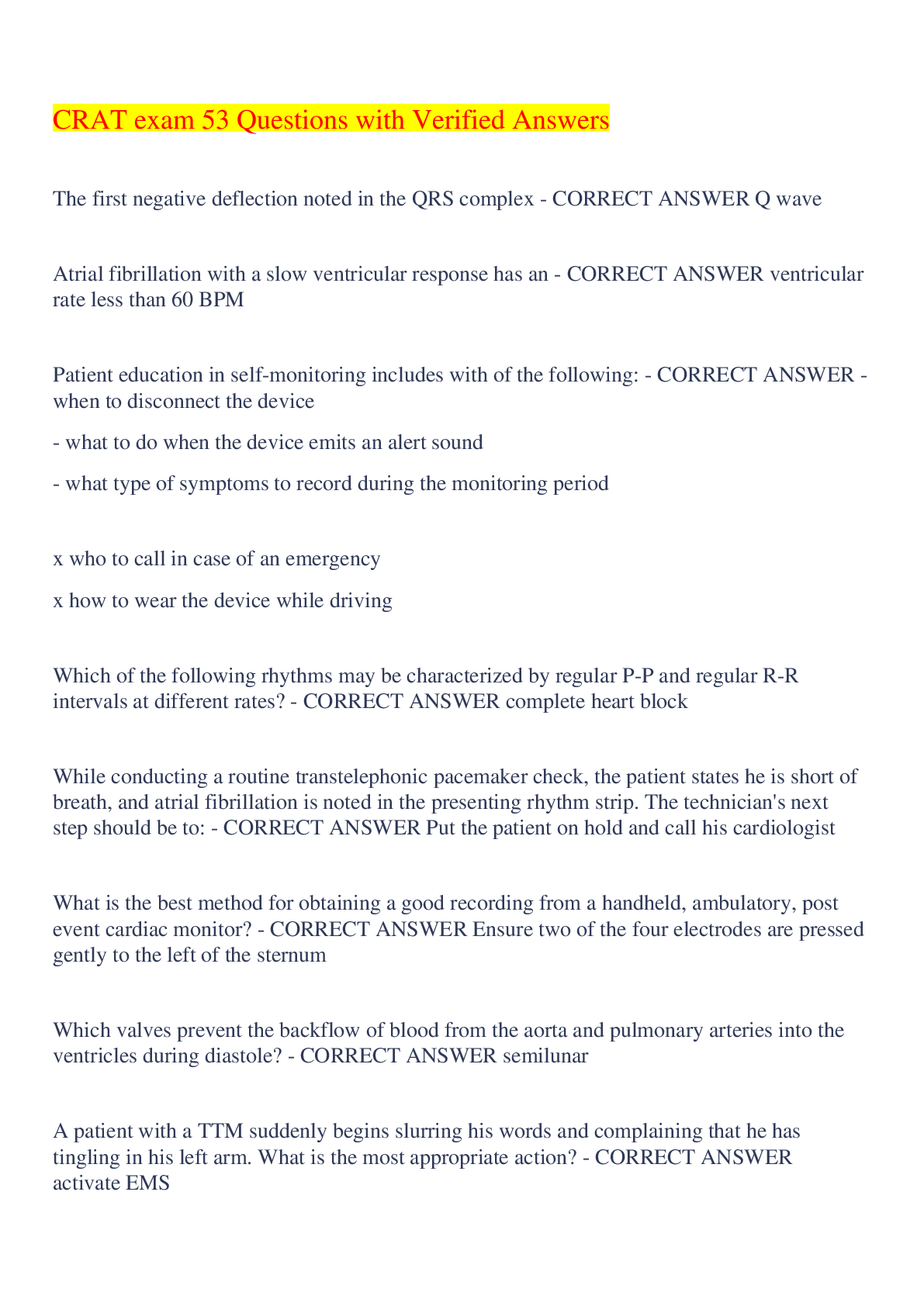 Preview image for CRAT exam 53 Questions with Verified Answers,100% CORRECT