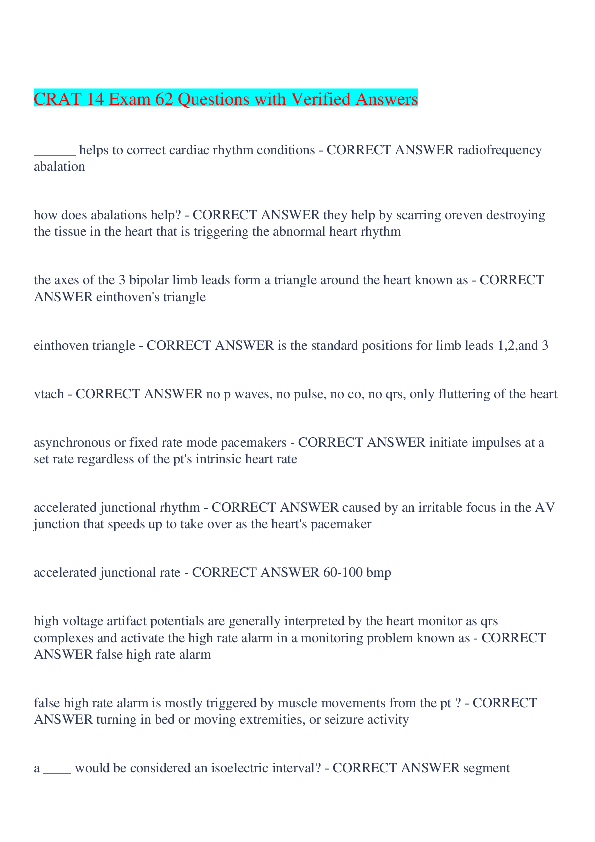 Preview of CRAT 14 Exam 62 Questions with Verified Answers,100% CORRECT