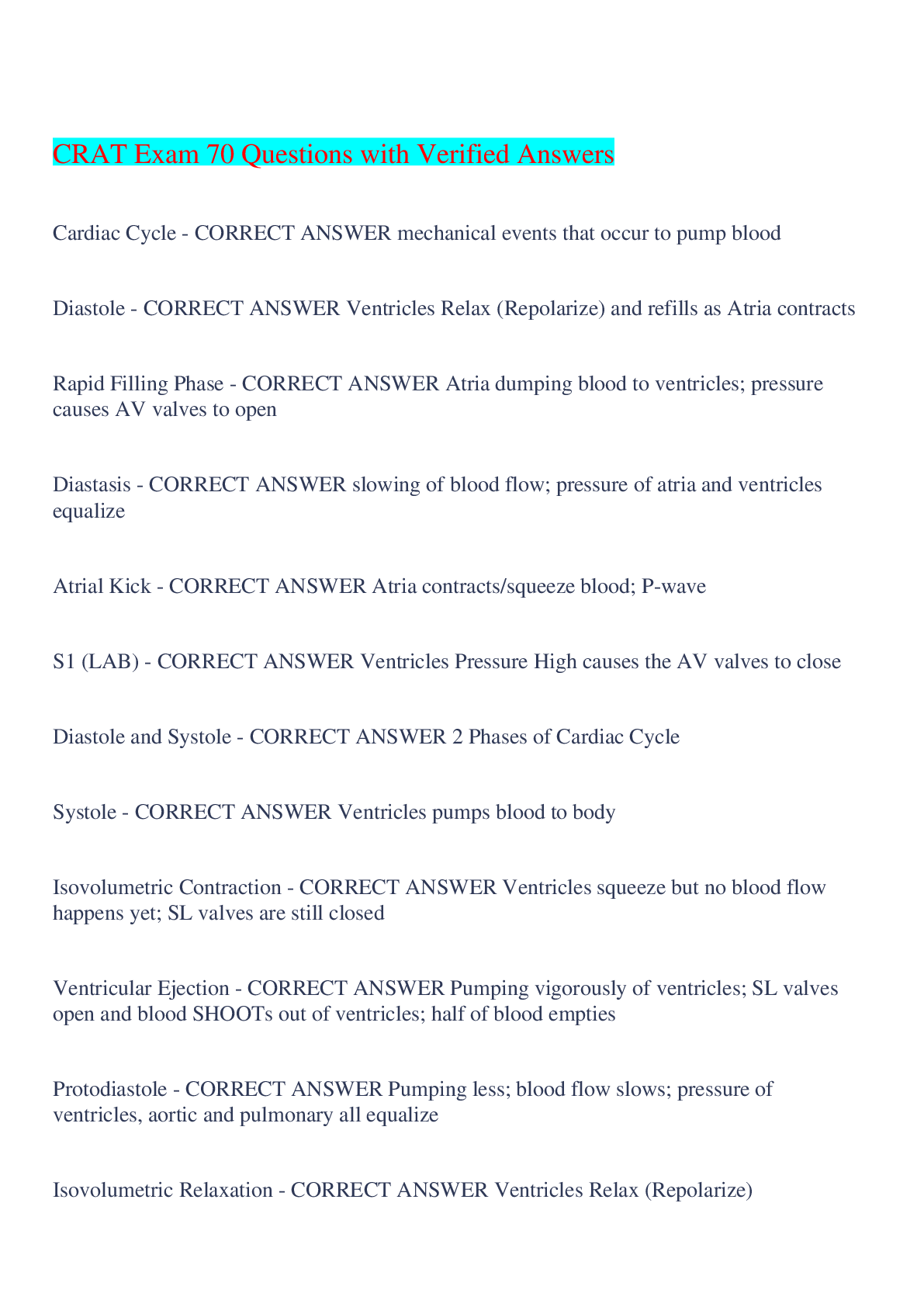 Preview image for CRAT Exam 70 Questions with Verified Answers,100% CORRECT