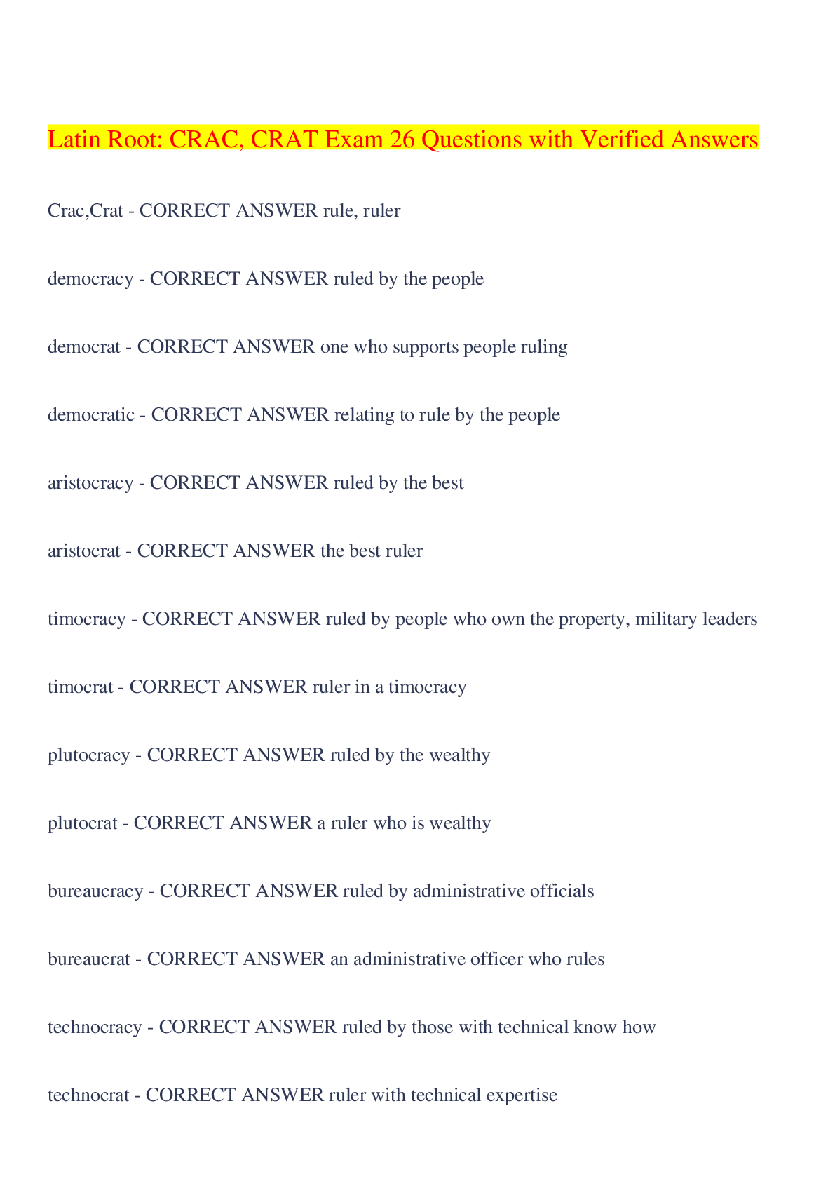 Preview image for Latin Root: CRAC, CRAT Exam 26 Questions with Verified Answers,100% CORRECT