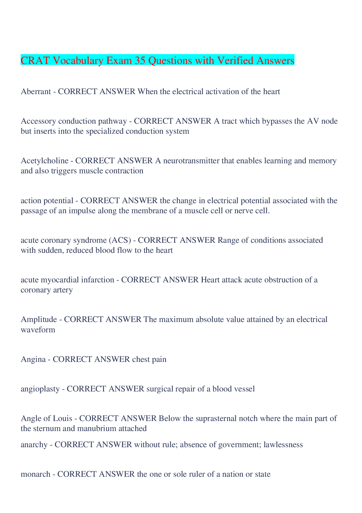 Preview image for CRAT Vocabulary Exam 35 Questions with Verified Answers,100% CORRECT
