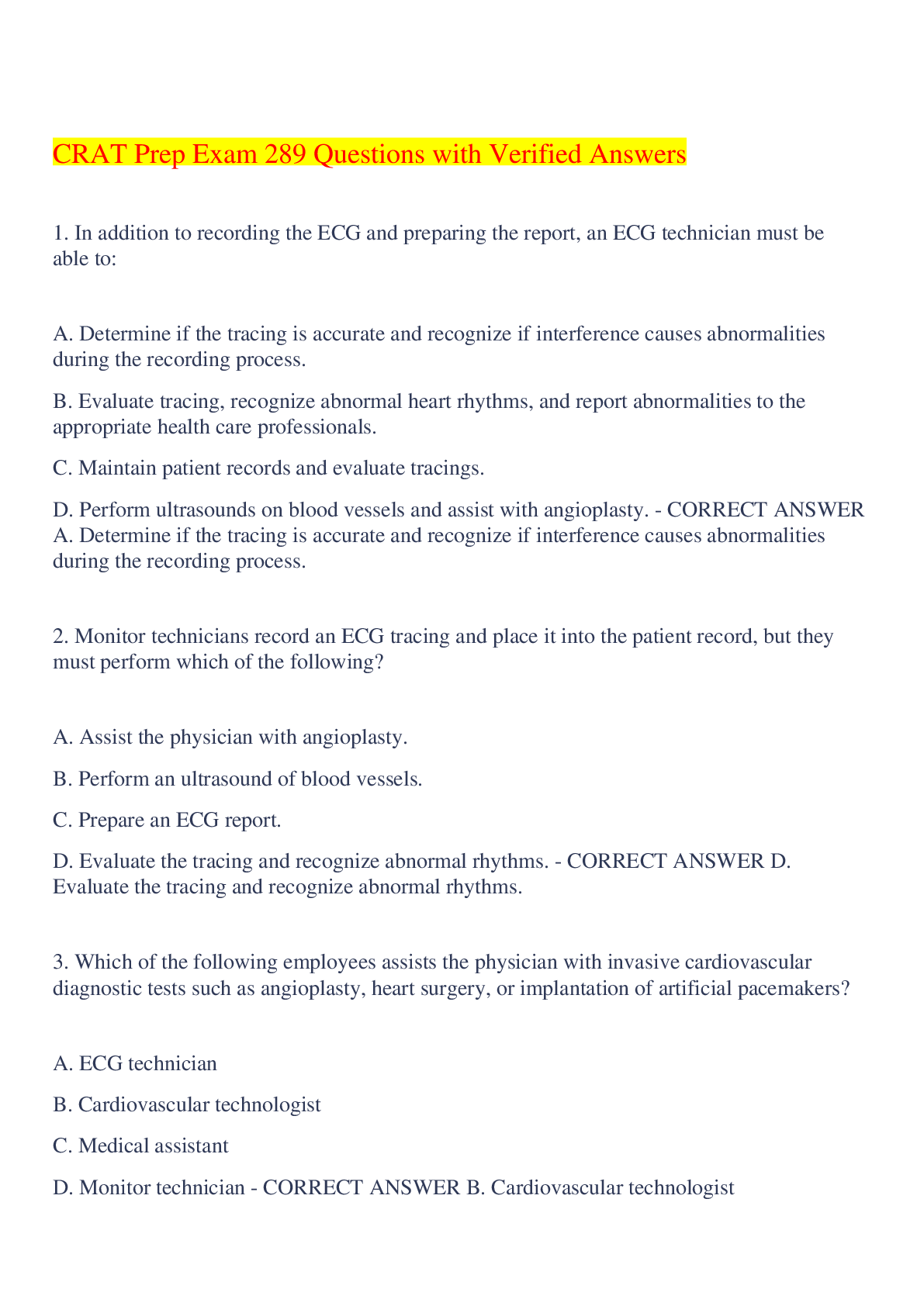 Preview of CRAT Prep Exam 289 Questions with Verified Answers,100% CORRECT