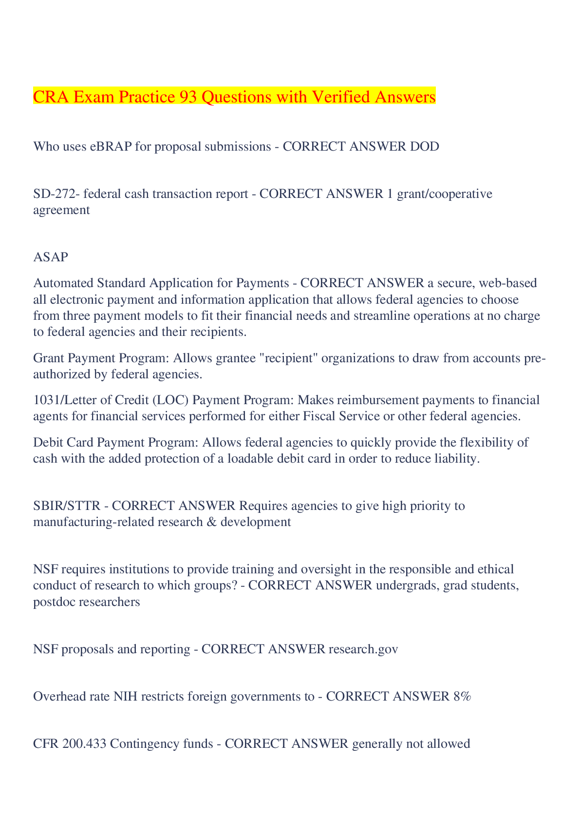 Preview image for CRA Exam Practice 93 Questions with Verified Answers,100% CORRECT