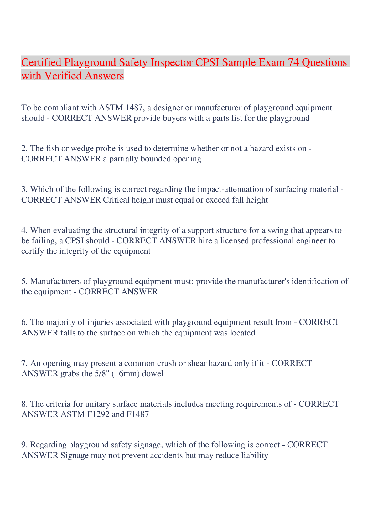 Preview image of Certified Playground Safety Inspector CPSI Sample Exam 74 Questions with Verified Answers,100% CORRECT document