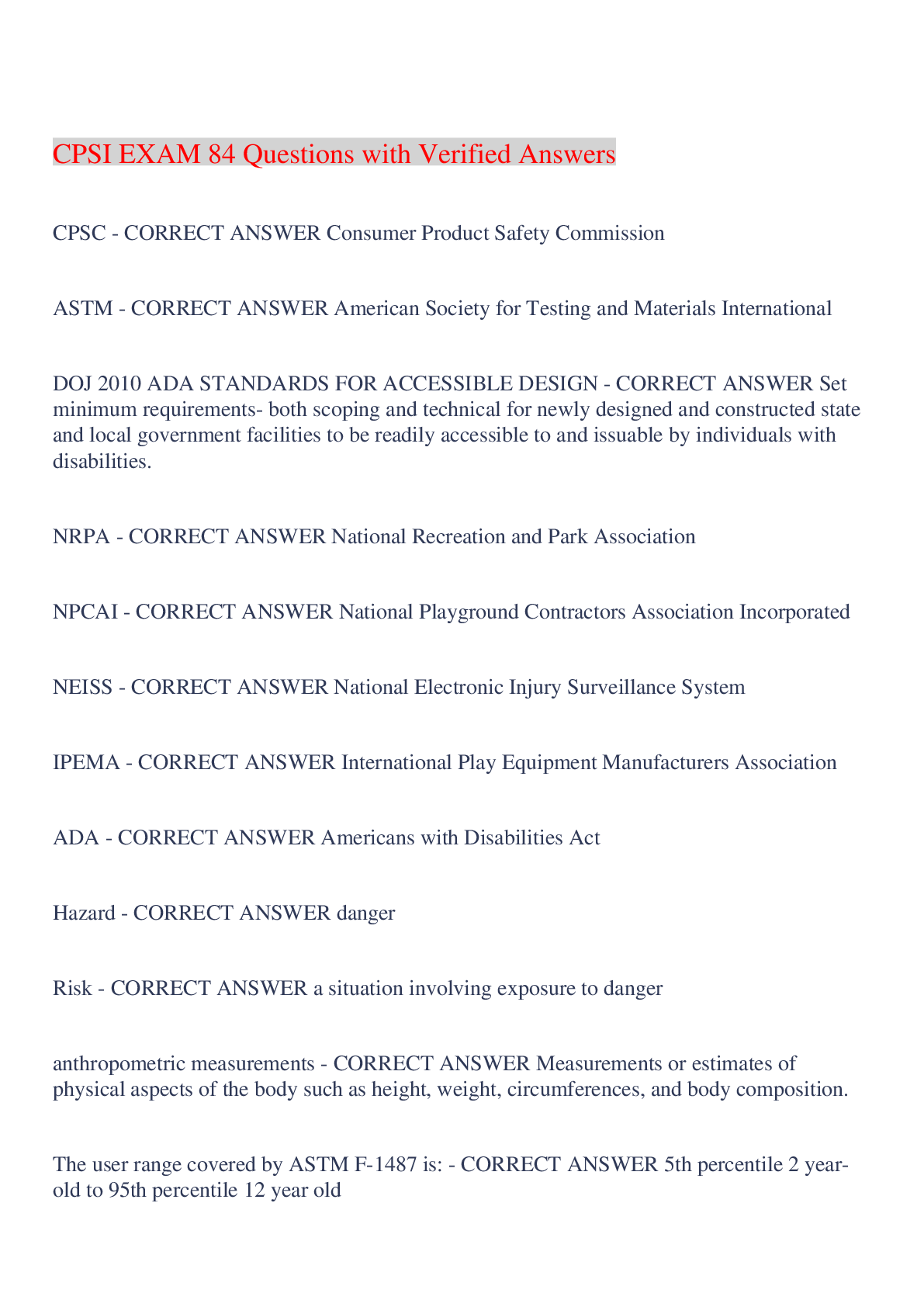 Preview image of CPSI EXAM 84 Questions with Verified Answers,100% CORRECT document