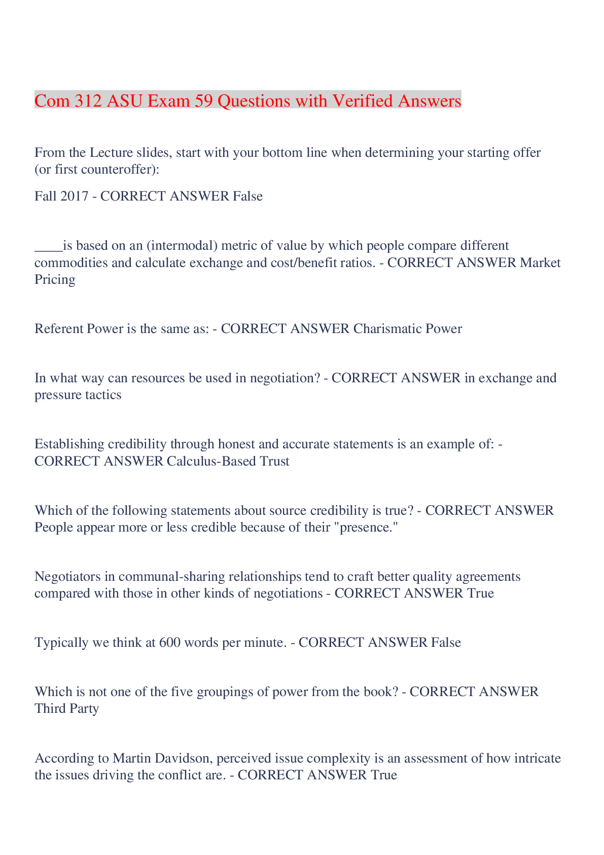 Preview image for Com 312 ASU Exam 59 Questions with Verified Answers,100% CORRECT