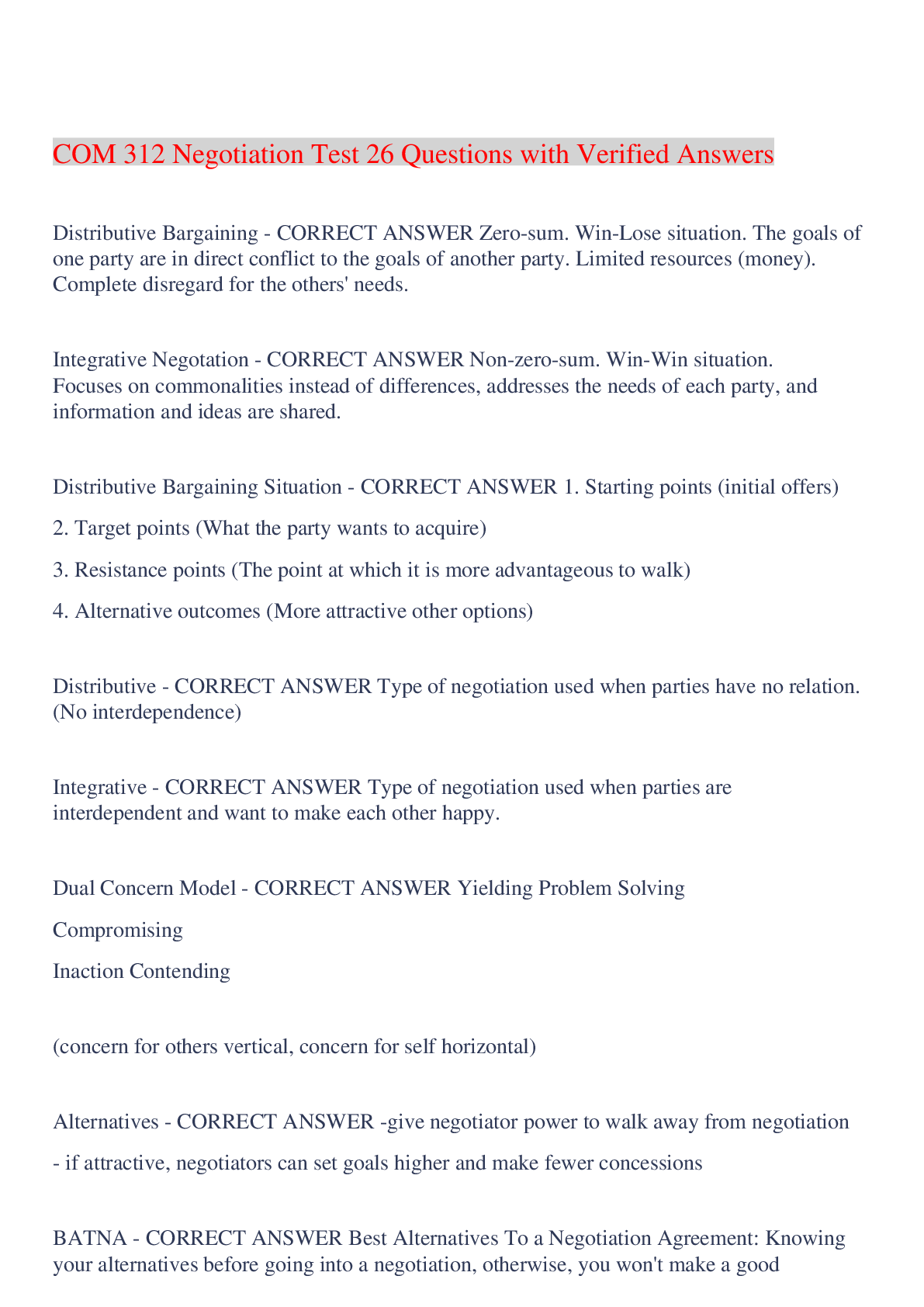 Preview image for COM 312 Negotiation Test 26 Questions with Verified Answers,100% CORRECT