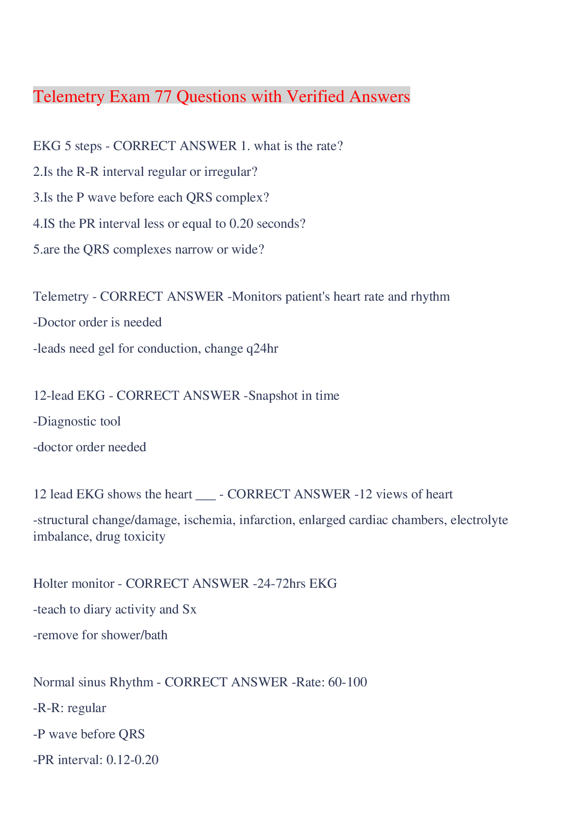 Preview image for Telemetry Exam 77 Questions with Verified Answers,100% CORRECT
