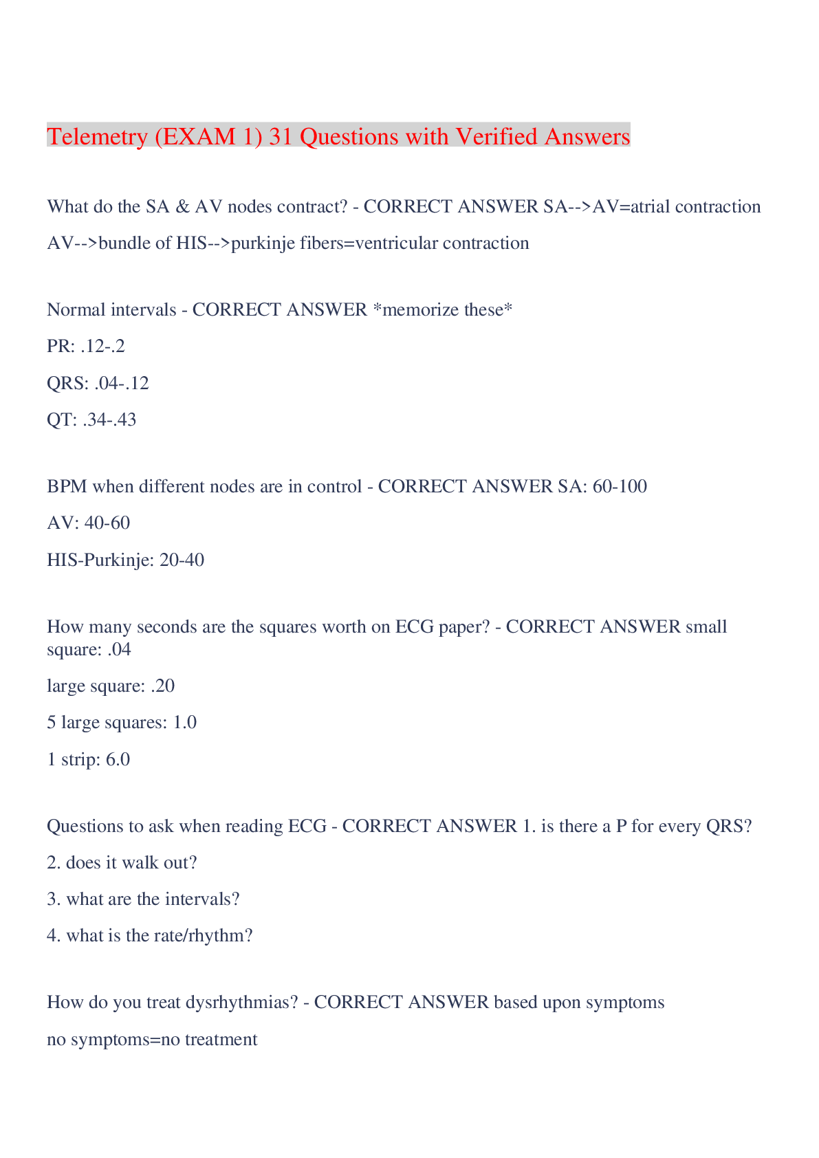 Preview image for Telemetry (EXAM 1) 31 Questions with Verified Answers,100% CORRECT