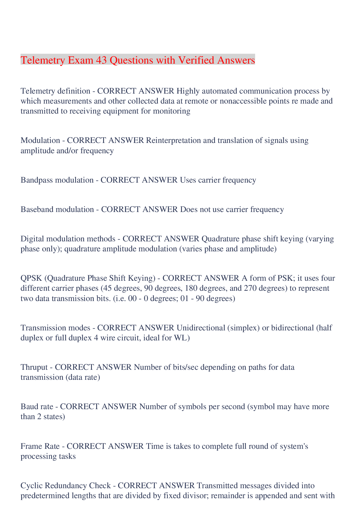 Preview image for Telemetry Exam 43 Questions with Verified Answers,100% CORRECT
