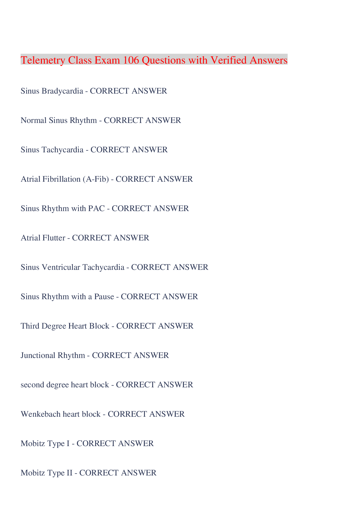 Preview image for Telemetry Class Exam 106 Questions with Verified Answers,100% CORRECT