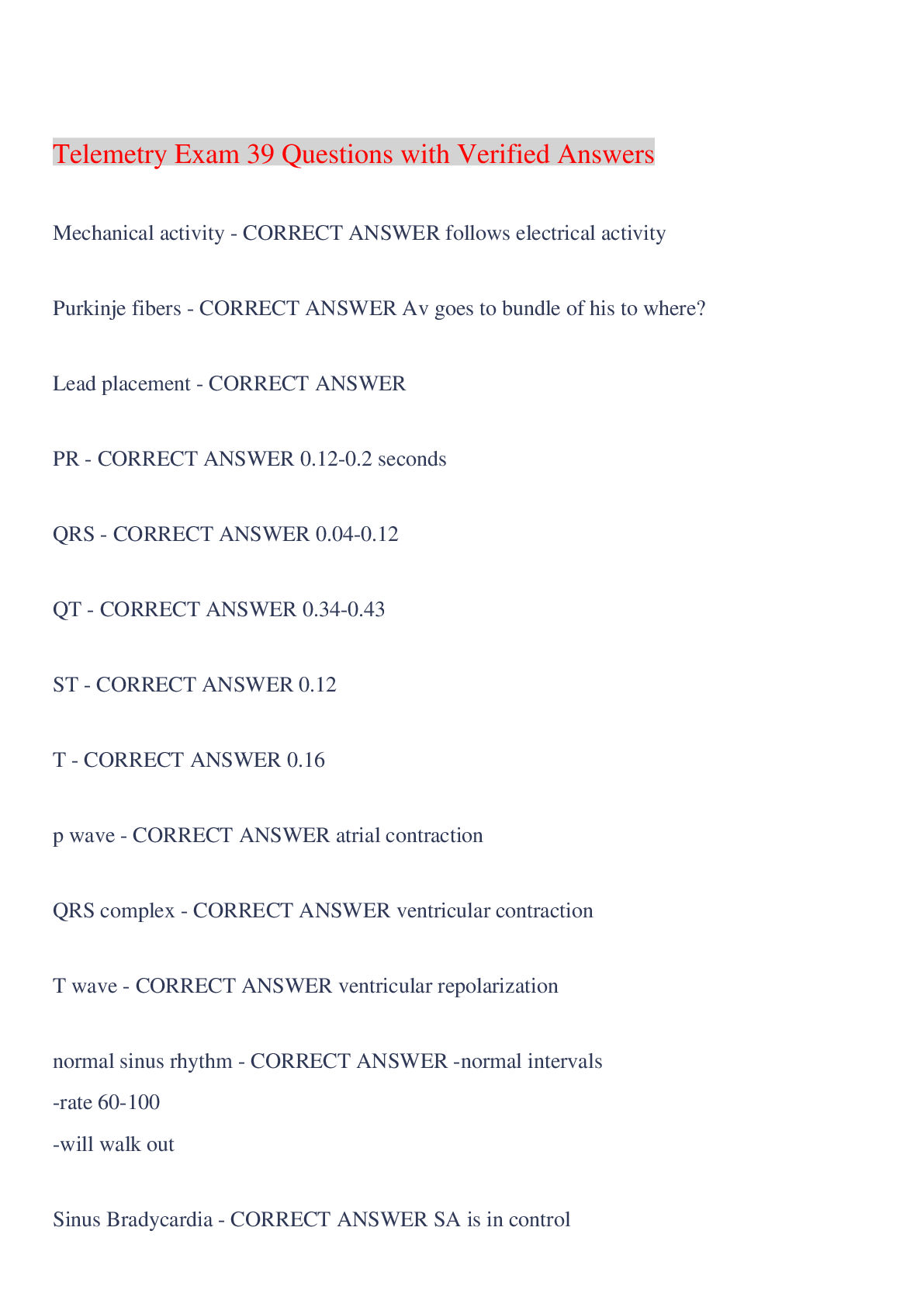 Preview image for Telemetry Exam 39 Questions with Verified Answers,100% CORRECT