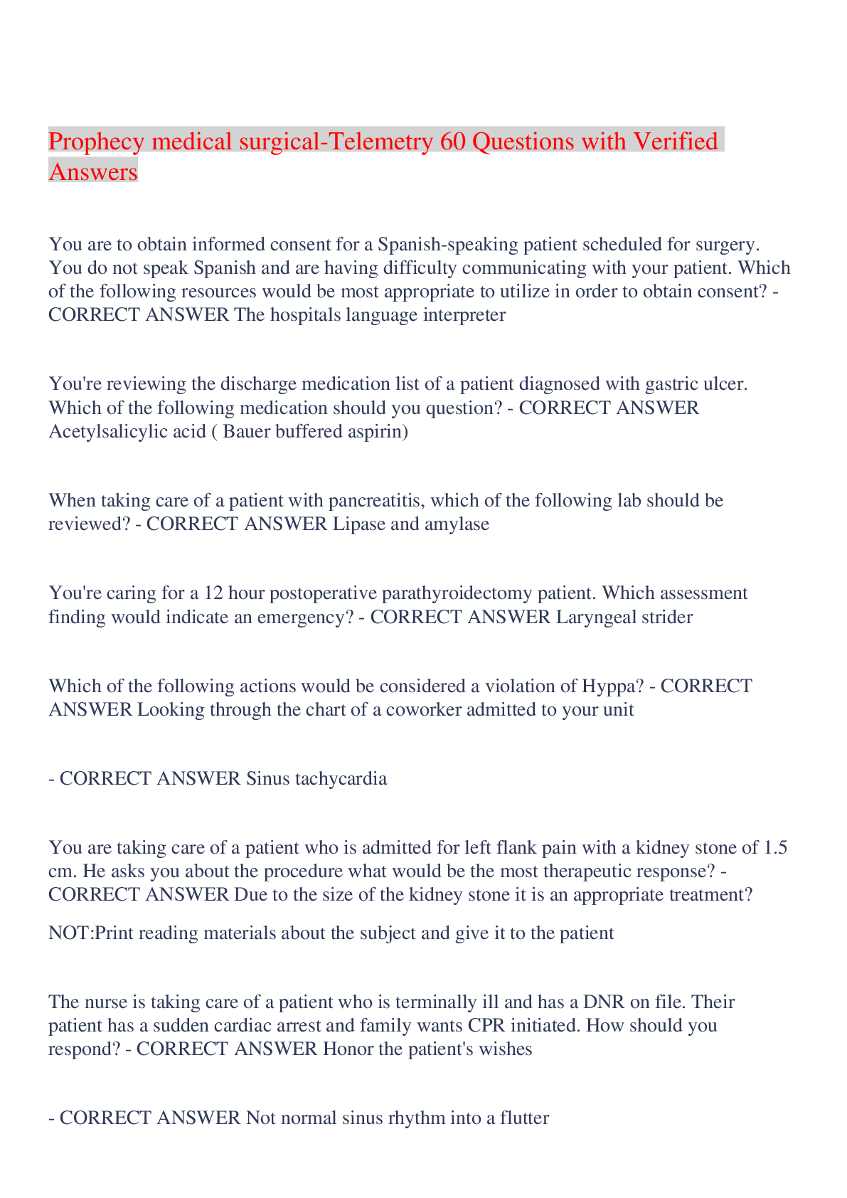 Preview image for Prophecy medical surgical-Telemetry 60 Questions with Verified Answers,100% CORRECT