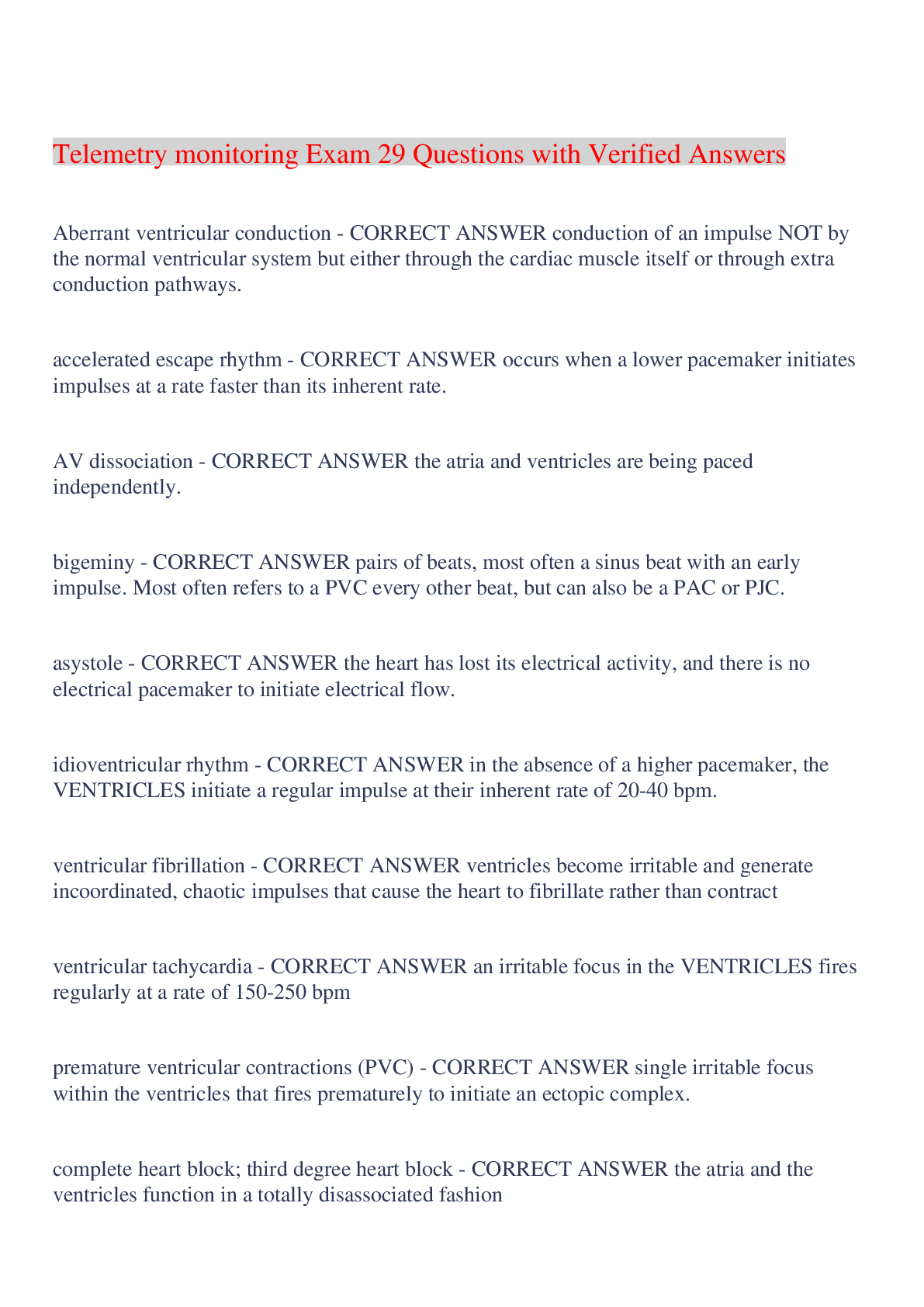 Preview image for Telemetry monitoring Exam 29 Questions with Verified Answers,100% CORRECT