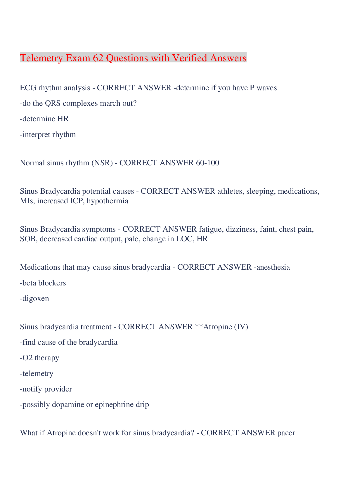 Preview image for Telemetry Exam 62 Questions with Verified Answers,100% CORRECT