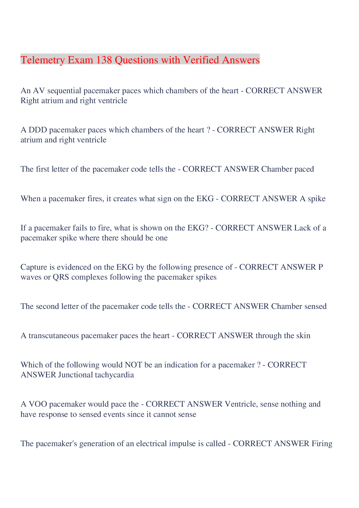 Preview image for Telemetry Exam 138 Questions with Verified Answers,100% CORRECT