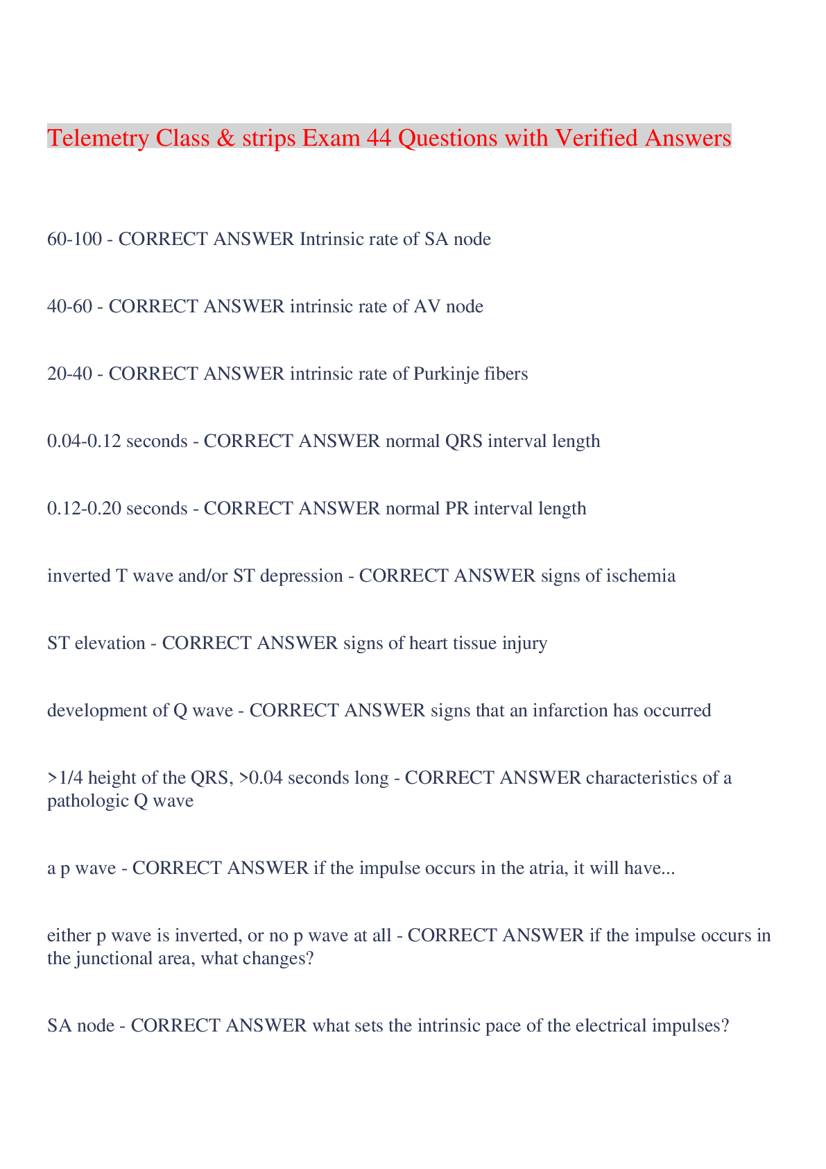 Preview image for Telemetry Class & strips Exam 44 Questions with Verified Answers,100% CORRECT