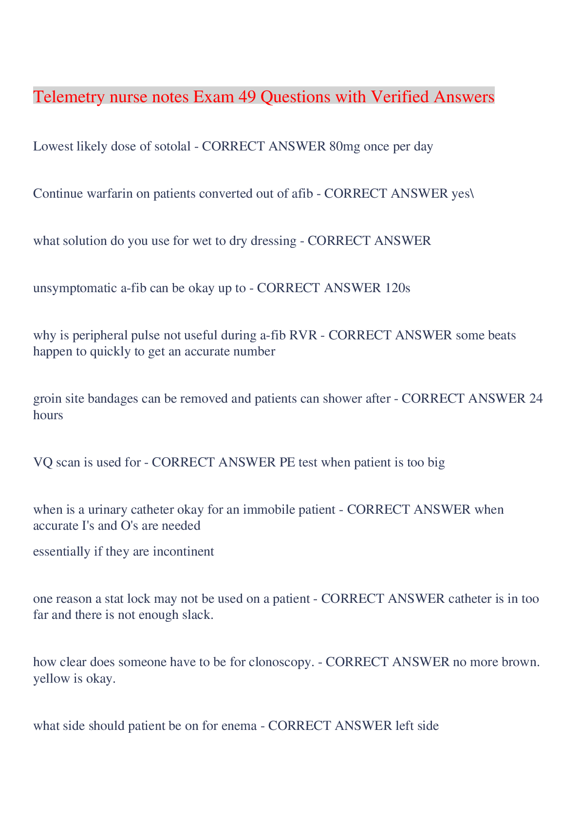 Preview image for Telemetry nurse notes Exam 49 Questions with Verified Answers,100% CORRECT