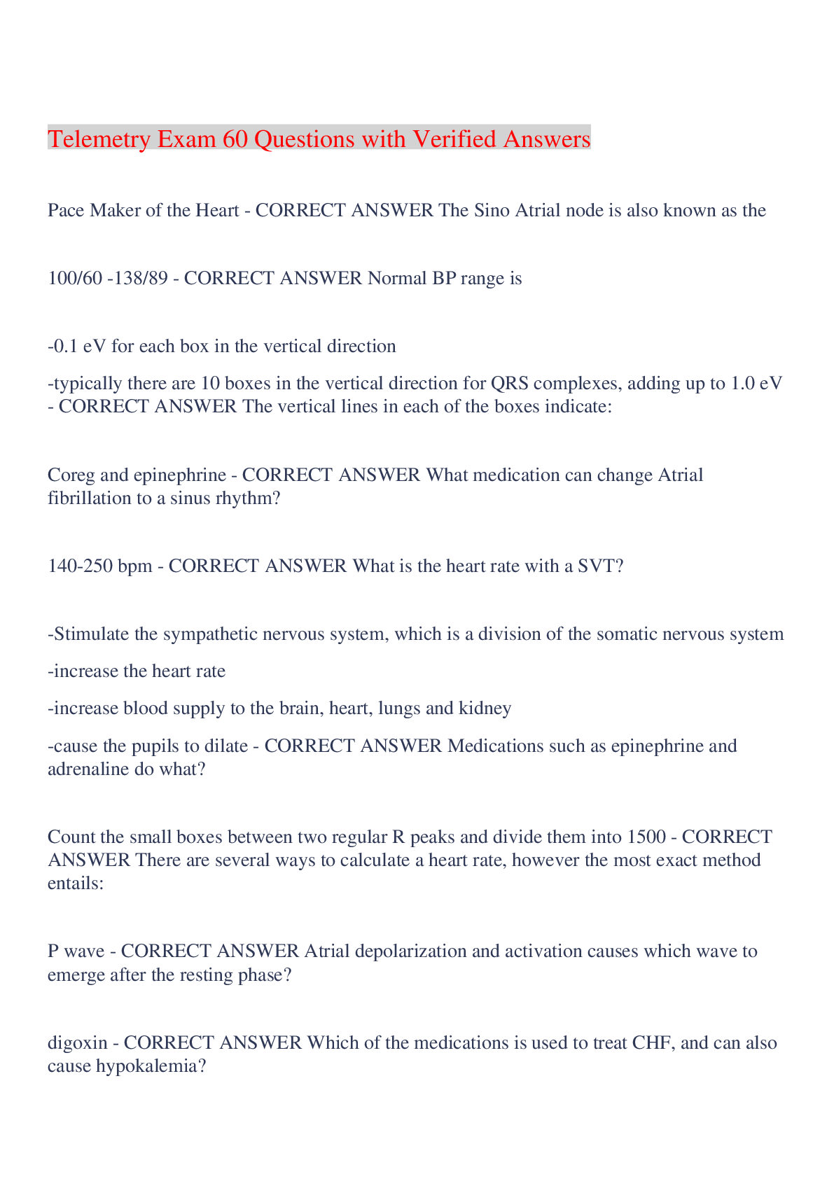 Preview image for Telemetry Exam 60 Questions with Verified Answers,100% CORRECT