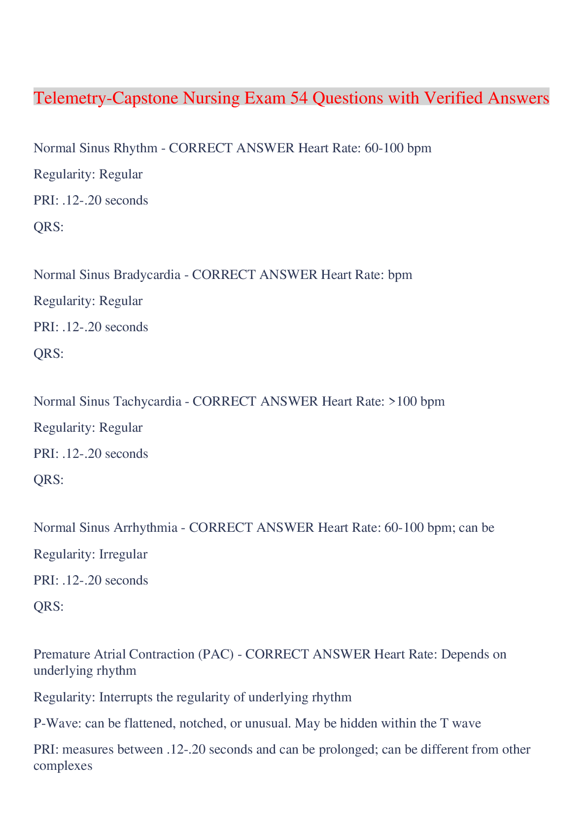 Preview image for Telemetry-Capstone Nursing Exam 54 Questions with Verified Answers,100% CORRECT